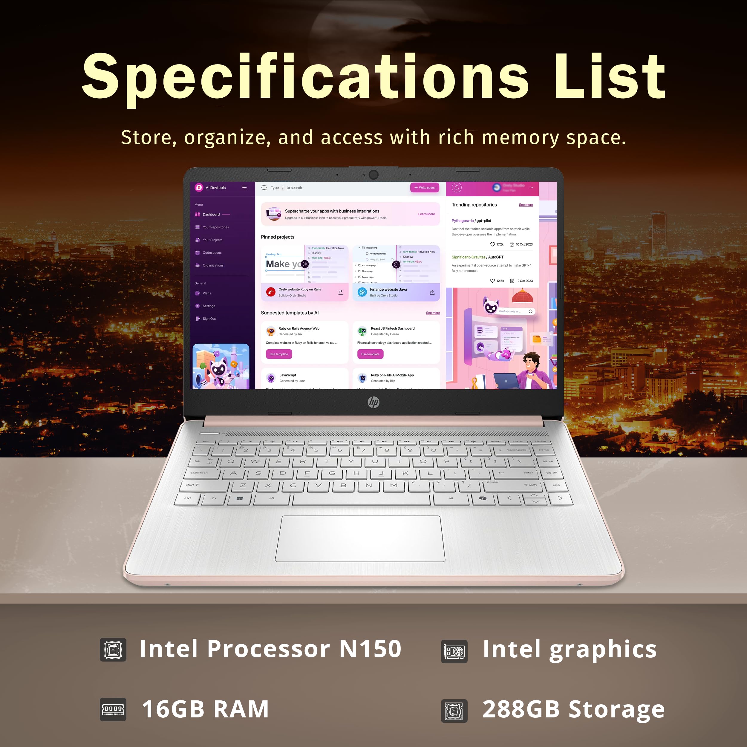 HP Stream 14" HD BrightView Laptop, Intel Celeron N4120, 16GB RAM, 288GB Storage (128GB UFS + 160GB Docking Station Set), Intel UHD Graphics, 720p Webcam, Wi-Fi, 1 Year Office 365, Win 11S, Silver