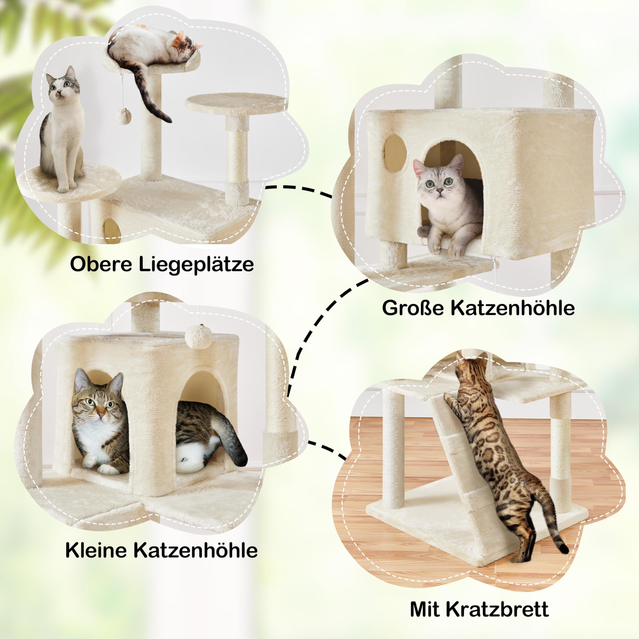 Yaheetech Kratzbaum Groß, 139 cm hoch, Mehrstöckiger Katzenbaum Kletterturm mit 3 Kratzsäulen, 3 Plattformen, 2 Gemütlichen Höhlen, 2 Plüschbällen, Stabiler Aktivitätsbereich für Katzen, Dunkelgrau