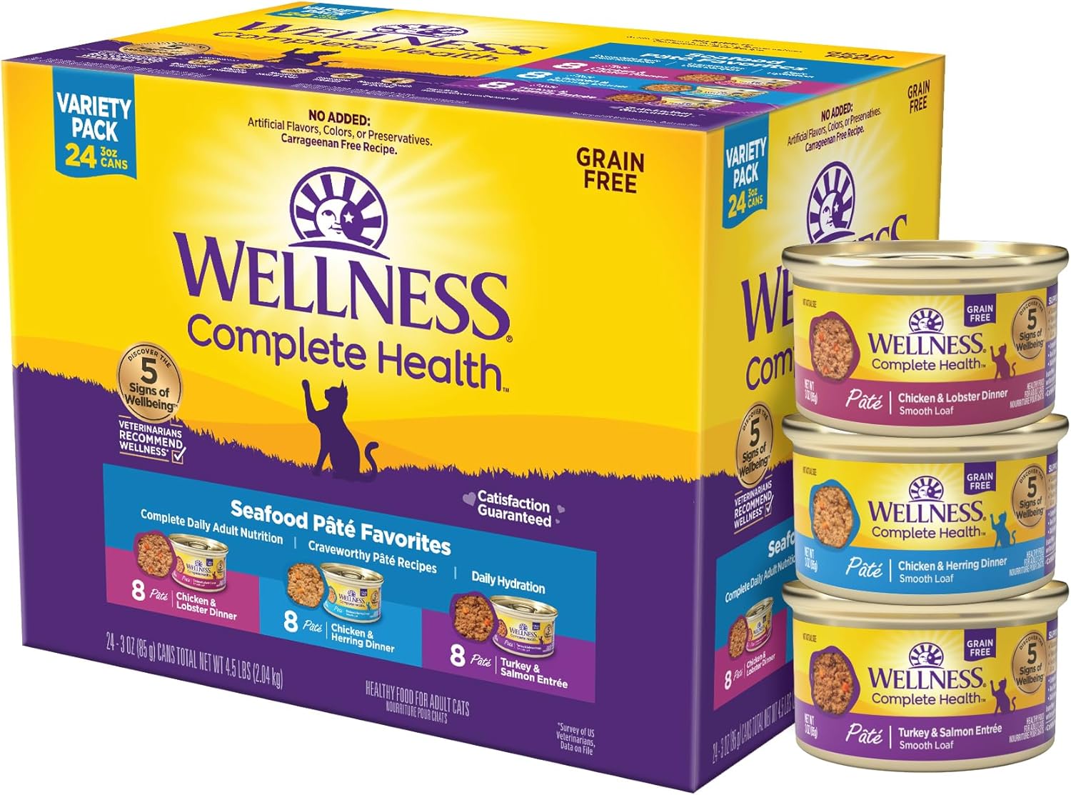 Wellness Complete Health Pate Adult Wet Cat Food, Natural, Protein-Rich, Grain-Free, 3 Ounce, 24 Pack, (Chicken & Turkey Variety Pack)