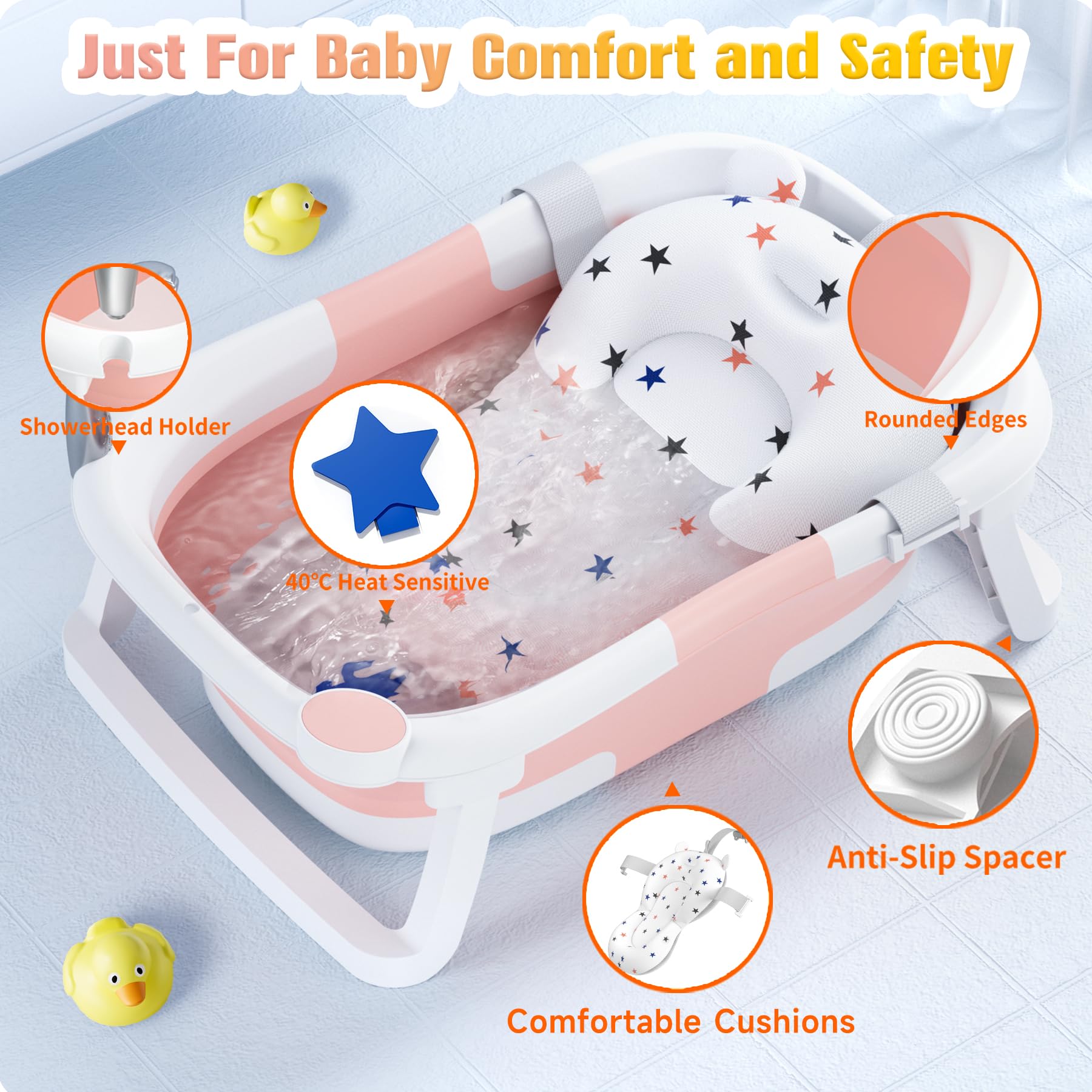 Baby Badewanne Faltbare, Baby Bathtub Babywanne Faltbar Babybadewanne Tragbare Wanne für Neugeborene Kleinkinder mit Rutschfester Matte und Abflussloch (Kein Thermometer) (Grau)