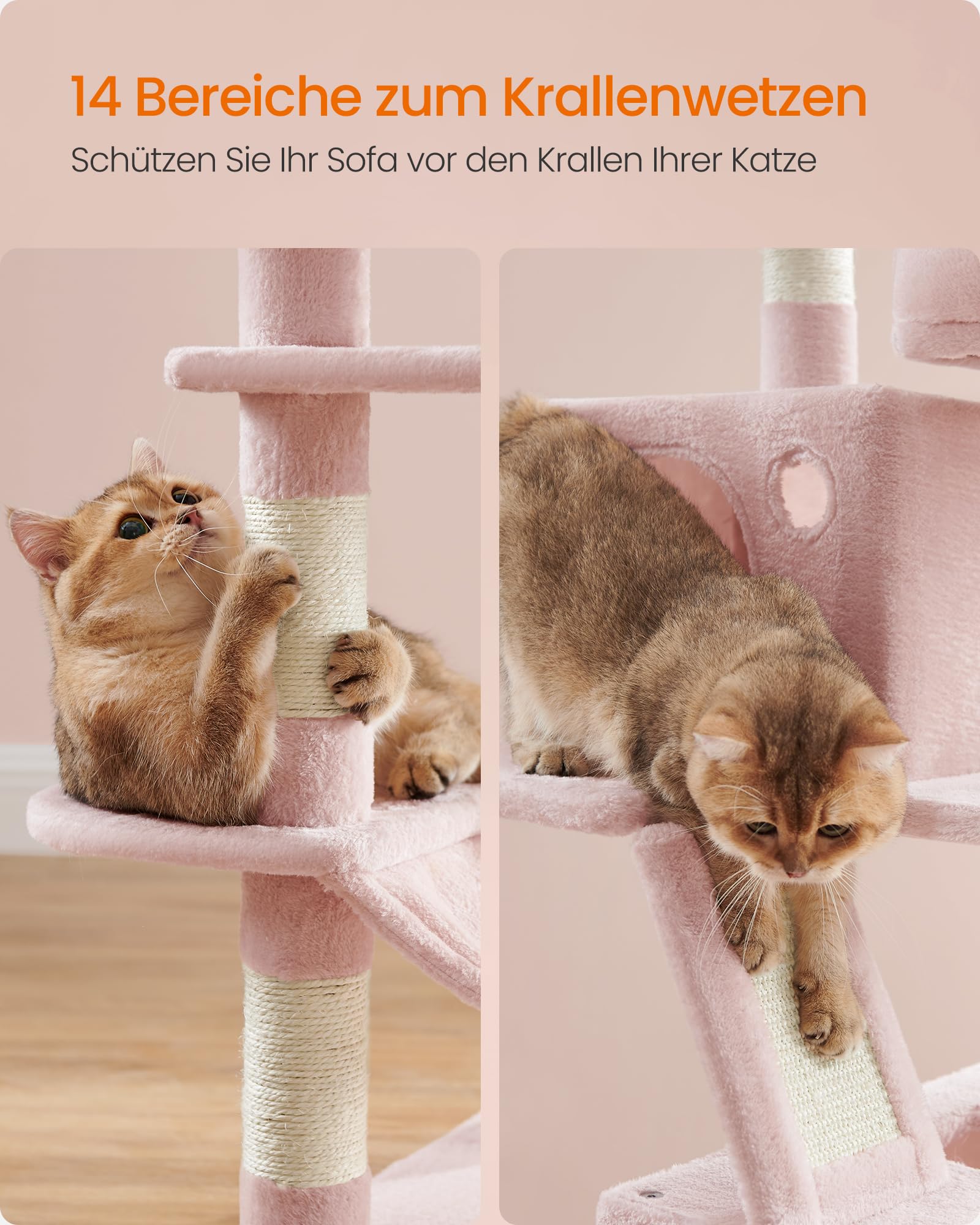 Feandrea Kratzbaum groß, 203,5 cm hoch, XXL Katzenbaum, mit 13 Kratzsäulen, 2 Plattformen, 2 Höhlen, Korb, Hängematte, Plüschbälle, mehrstöckiger Katzenkratzbaum, rauchgrau PCT190G01