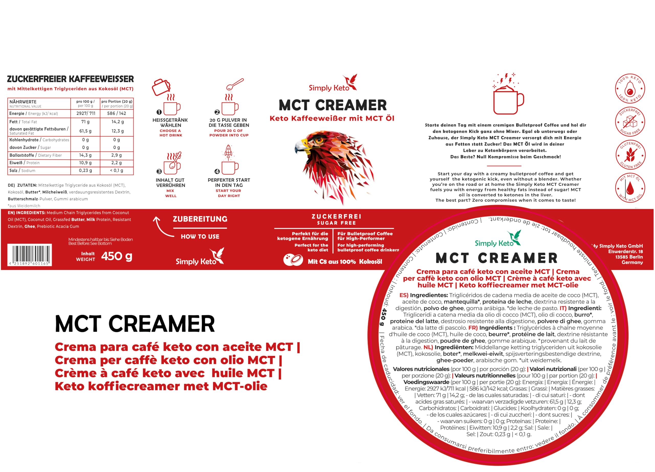 Simply Keto Keto Creamer Vorratsdose 450g - Ohne Zuckerzusatz ketogener Kaffeeweißer für leckeren Milchkaffee - Mit Kokosöl & Weidebutter - Ohne Zucker & Kohlenhydrate - Optimiert für Geschmack