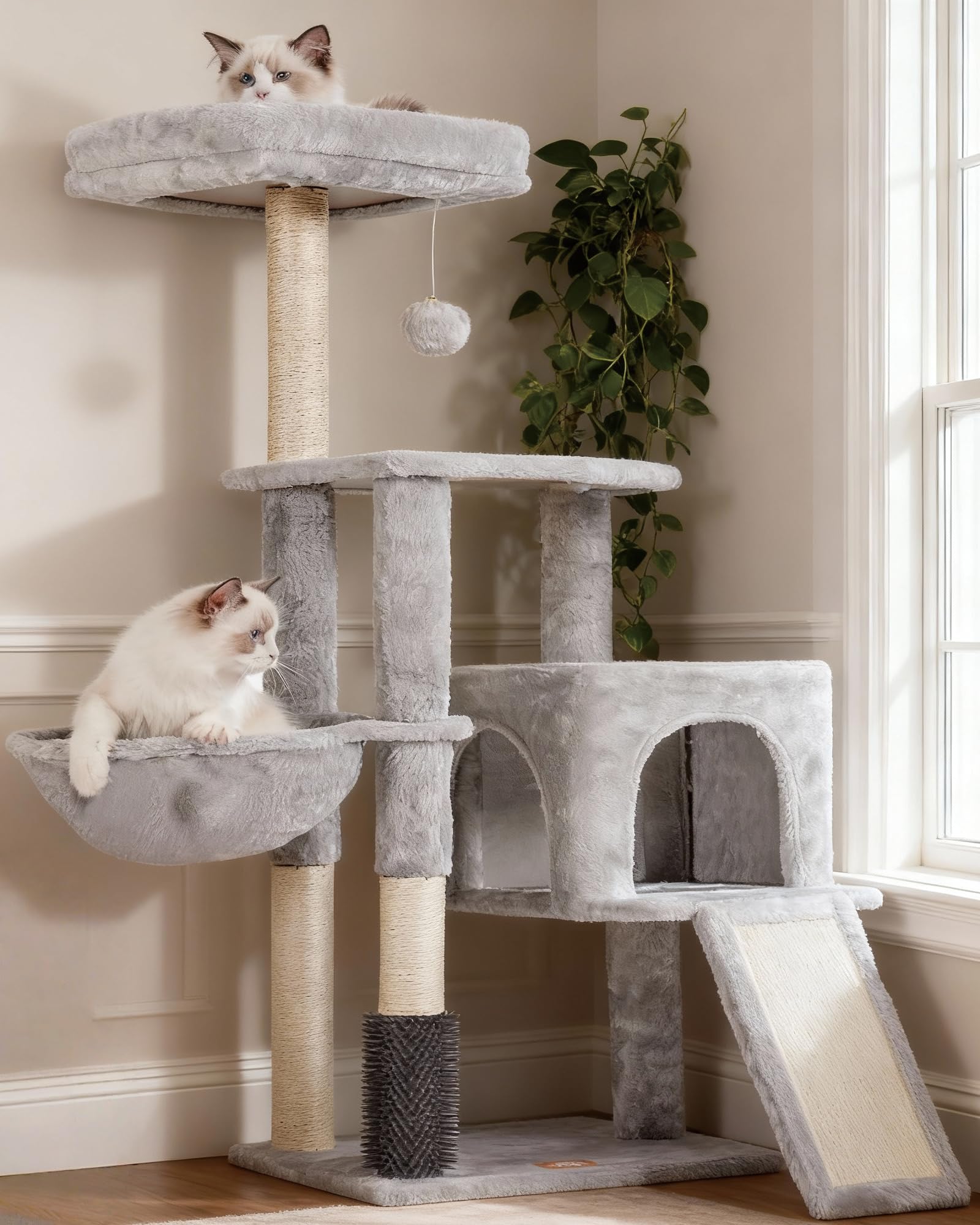 Heybly Kratzbaum mit Katzenbürste, Katzenbaum für Hauskatzen mit Gepolsterter Sitzstange aus Plüsch, Katzenkratzbaum mit Korb, Kratzbrett und Kratzbaum, Hellgrau HCT005SW