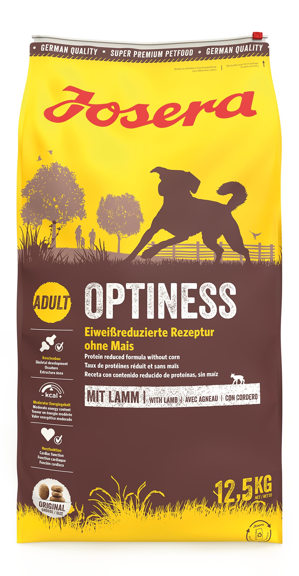JOSERA Adult Large Optiness Lamm & Reis (1 x 12,5 kg) | Premium Trockenfutter für ausgewachsene Hunde | eiweißreduziert | weizenfrei | wertvolle Fettsäuren | XL-Kroketten gegen Schlingen