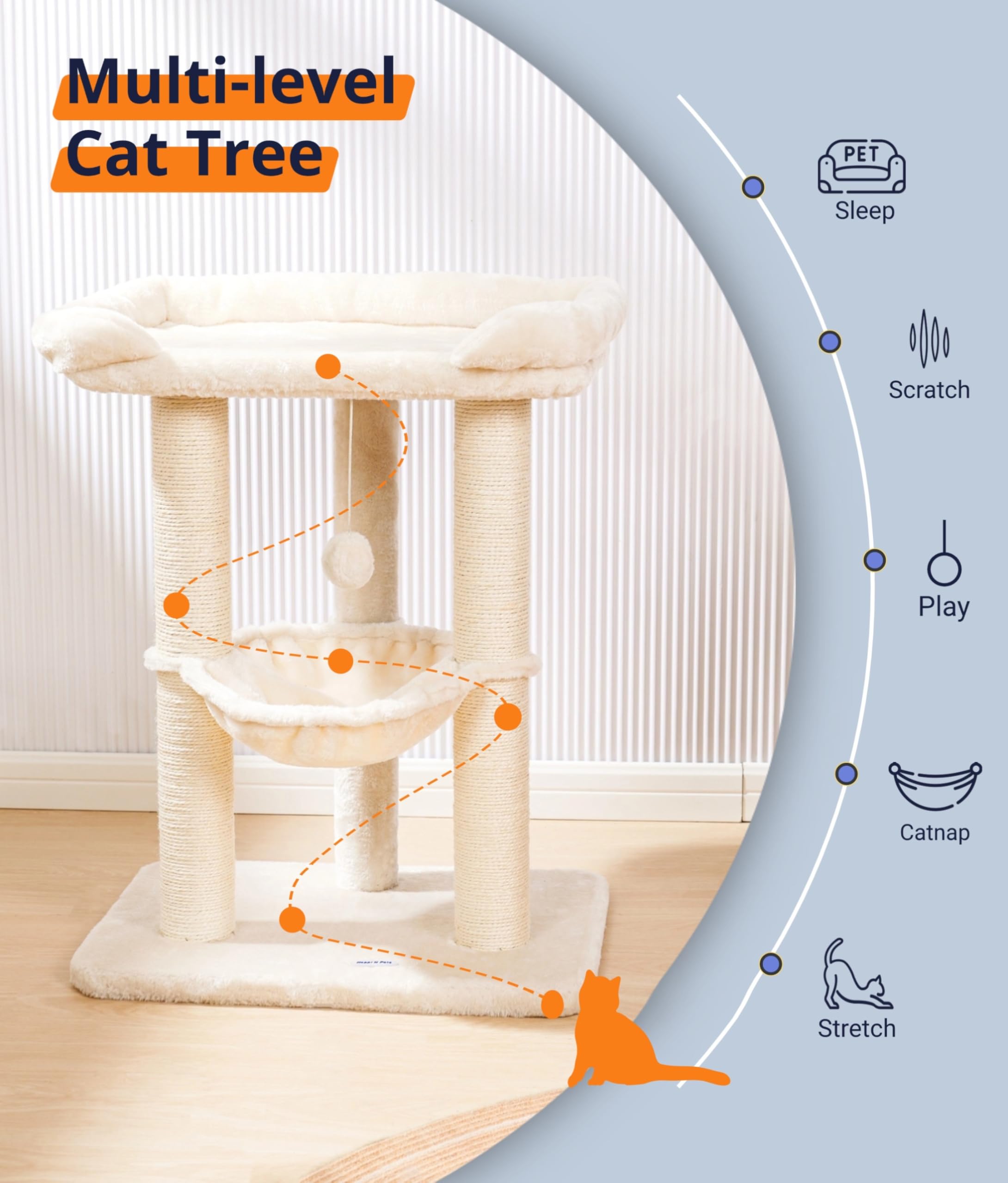 Happi N Pets 71CM Kratzbaum für Katzen, Hoher Kratzstamm mit großem Bett für große Katzen, Sisal-Kratzbaum mit weicher Liegefläche & Hängematte, Stabiler Katzenbaum, Abnehmbarer Bezug-Beige