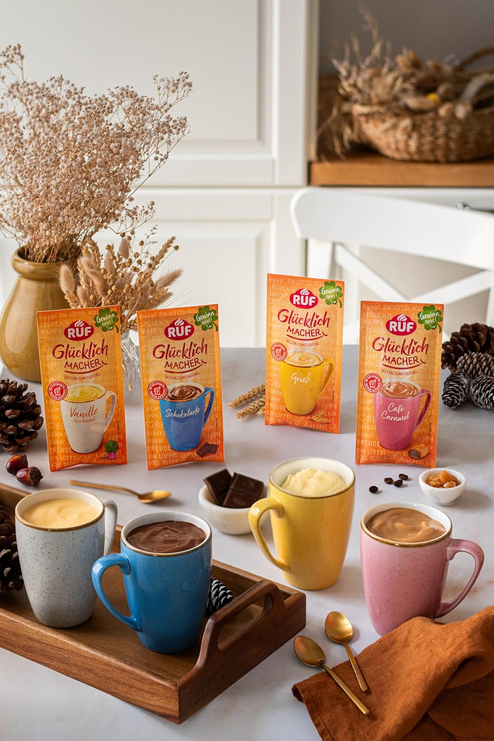 RUF Glücklichmacher Tassenpudding Schokolade, Cremepudding für schnelle Desserts, Tassencremepudding, nur Wasser hinzufügen, 1 x 59g Beutel