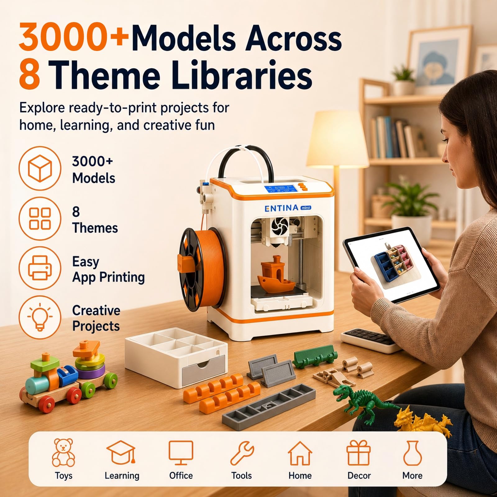 Entina Tina2C 3D Printer for Kids & Beginners, Fully Assembled Starter Mini 3D Printer, Start in 8 Mins, App & WiFi Control, Auto Leveling, 3000+ Model Library, 20+ Creative DIY Modules for STEM, Home