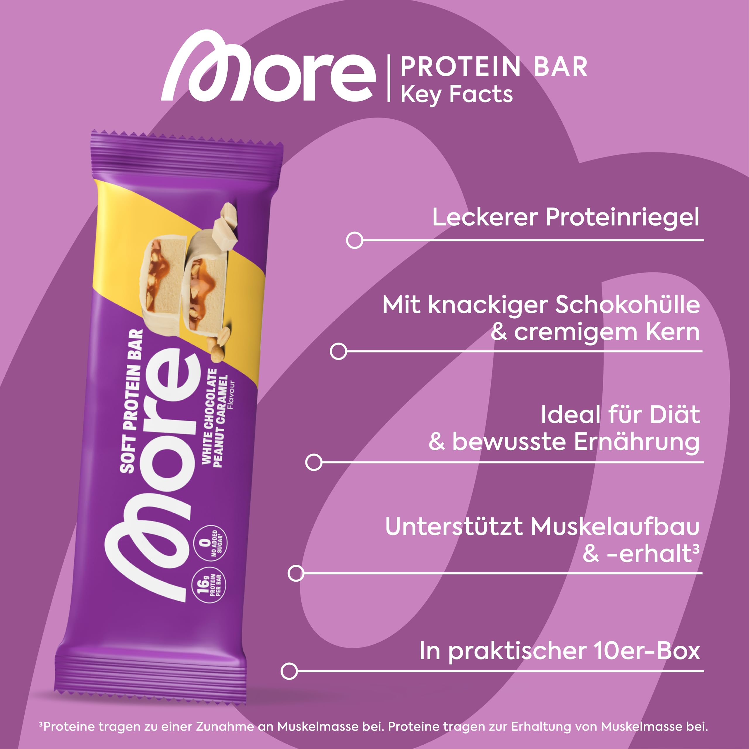 MORE Protein Bar, 10er Box, White Chocolate Peanut Caramel, Protein Riegel ohne Zuckerzusatz (Design kann variieren)
