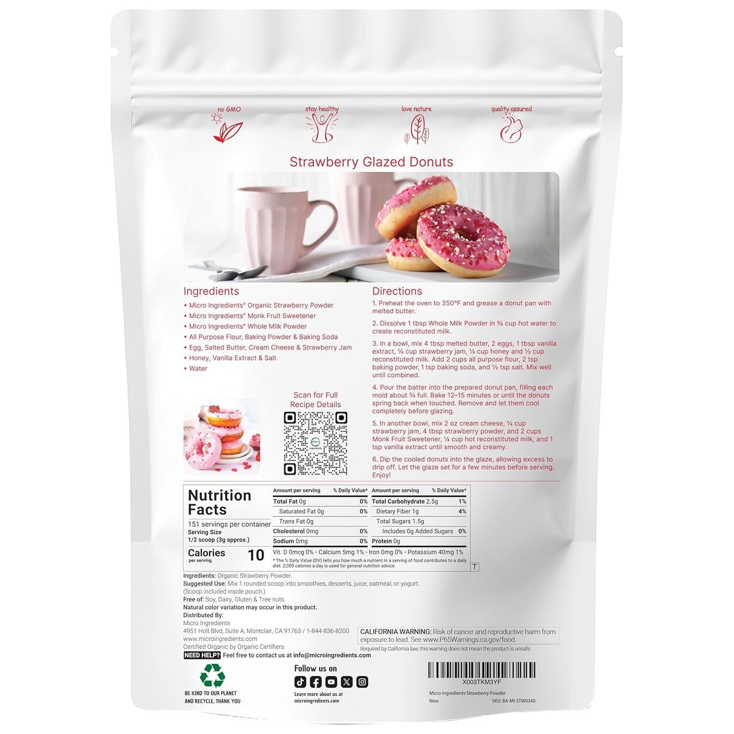 Organic Strawberry Powder, 1 Lb | 100% Natural Fruit Powder | Freeze-Dried Strawberries Source | No Sugar & Additives | Great Flavor for Drinks, Smoothie, & Beverages | Non-GMO & Vegan Friendly