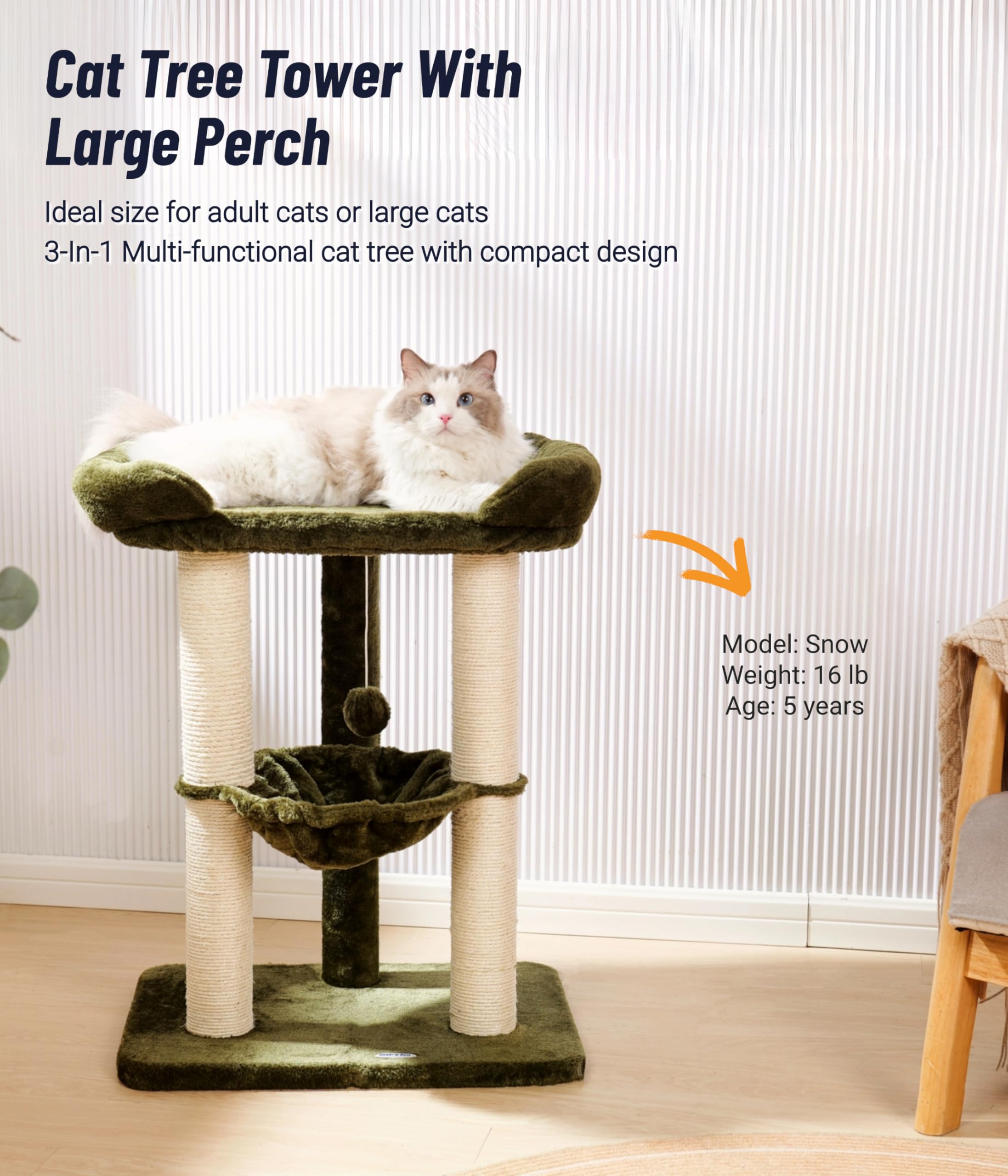 Happi N Pets 71CM Kratzbaum für Katzen, Hoher Kratzstamm mit großem Bett für große Katzen, Sisal-Kratzbaum mit weicher Liegefläche & Hängematte, Stabiler Katzenbaum, Abnehmbarer Bezug-Beige