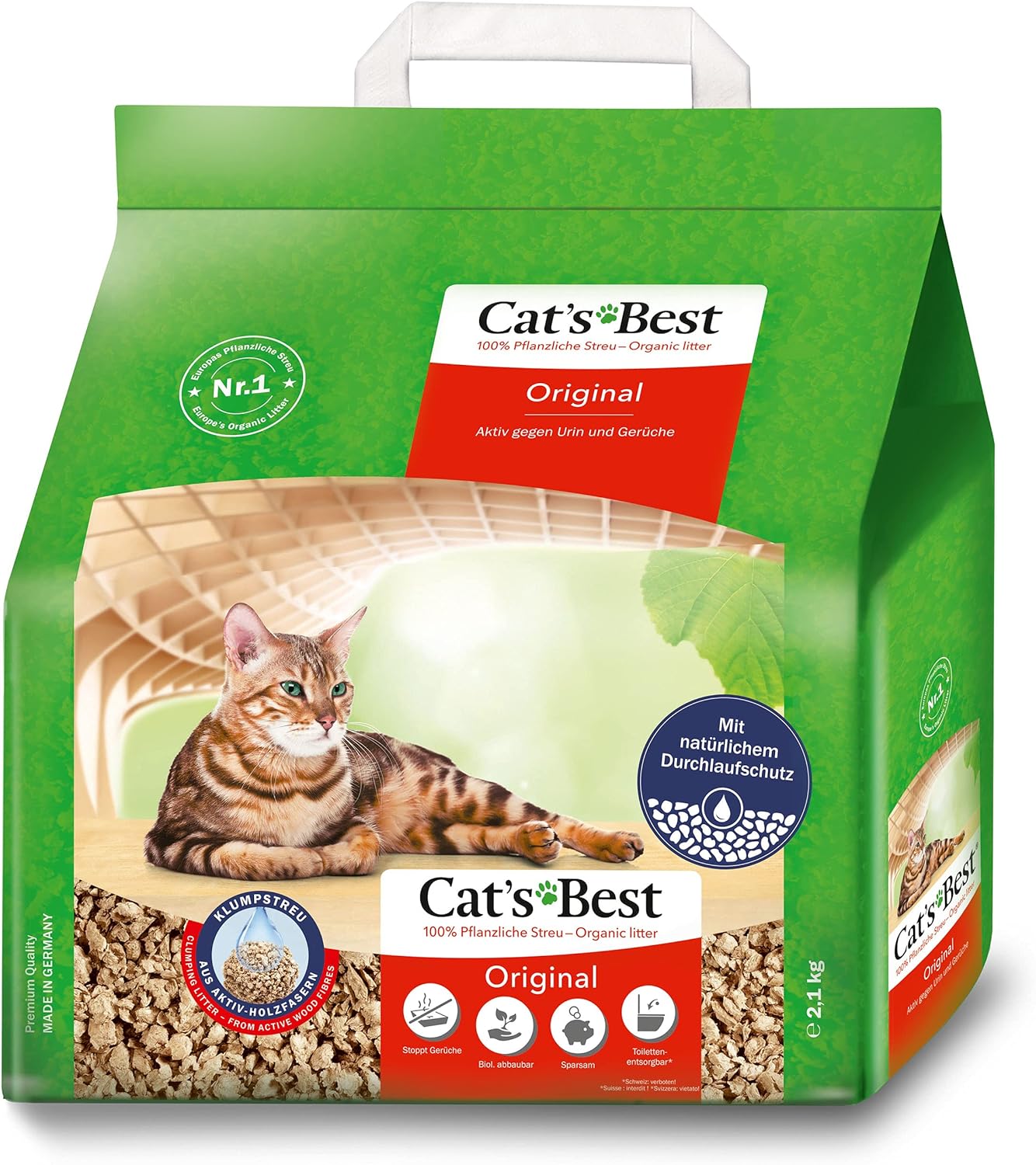 Cat’s Best Original Katzenstreu, 100% pflanzliches Katzenklumpstreu mit maximaler Saugfähigkeit – bekämpft Gerüche natürlich und aktiv, 8,6 kg/20 l (Verpackung kann variieren)
