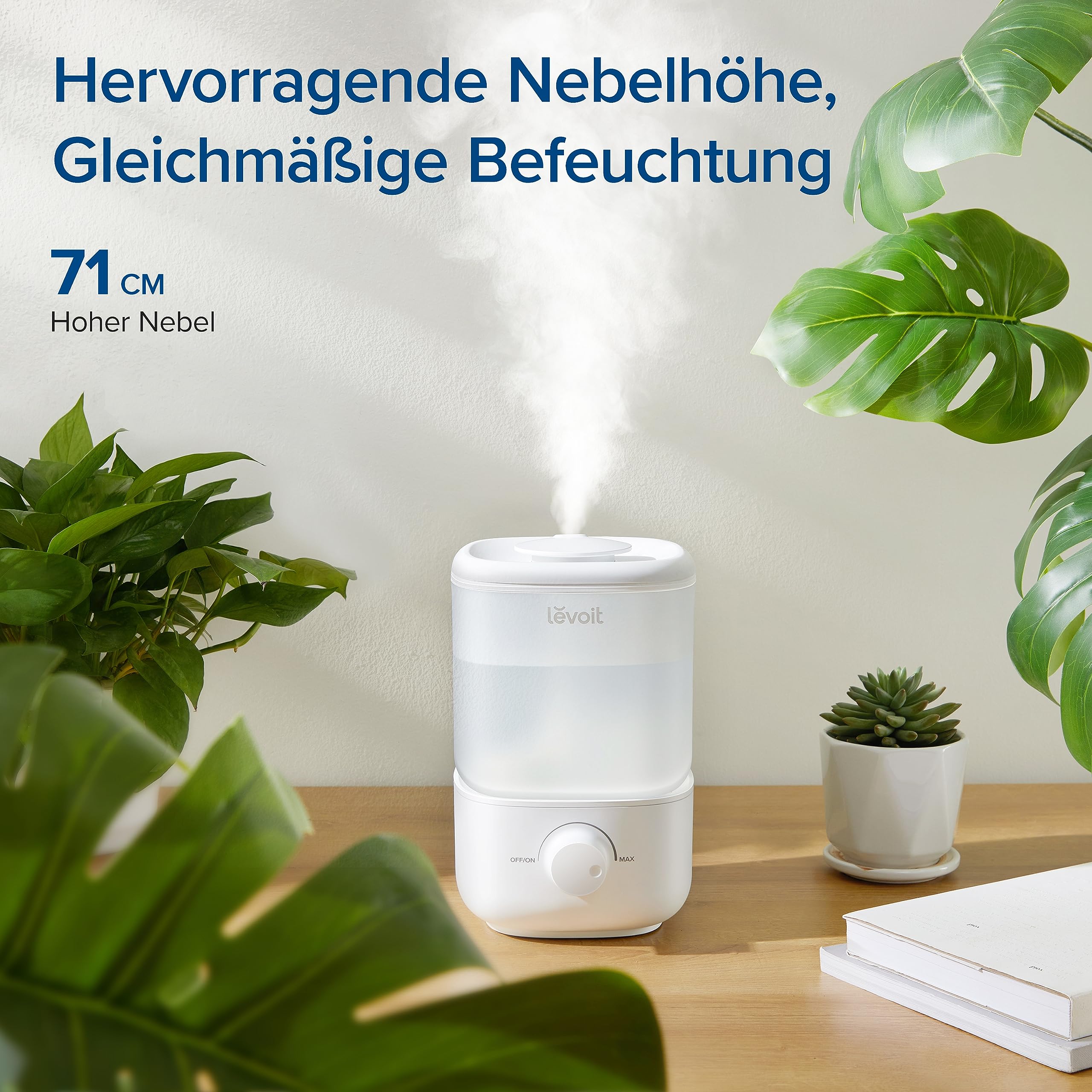 Levoit Luftbefeuchter Schlafzimmer, 23dB leise Humidifier, Top-Fill für Baby, bis 25H, Raumbefeuchter mit 360 grad Drehdüse für Kinderzimmer, Pflanzen, Auto Shut-off, 2,5 L, Weiß