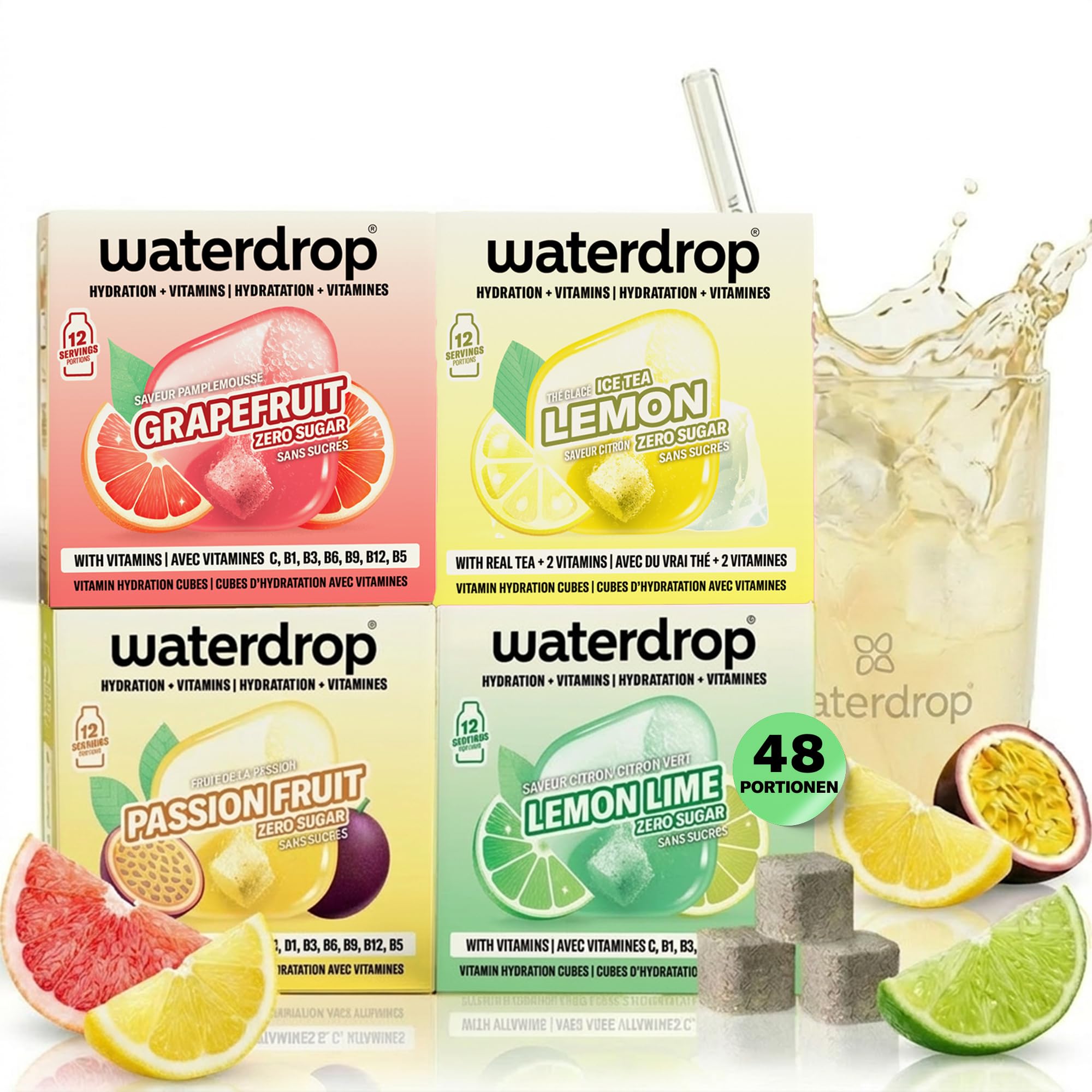 waterdrop® Beeren & Früchte Set – 48 Waterdrop Würfel in 4 verschiedenen Sorten – Zuckerfreier Durstlöscher & Alternative zu Getränkesirup und Geschmackspulver – Flavour Drops im Wasser auflösen