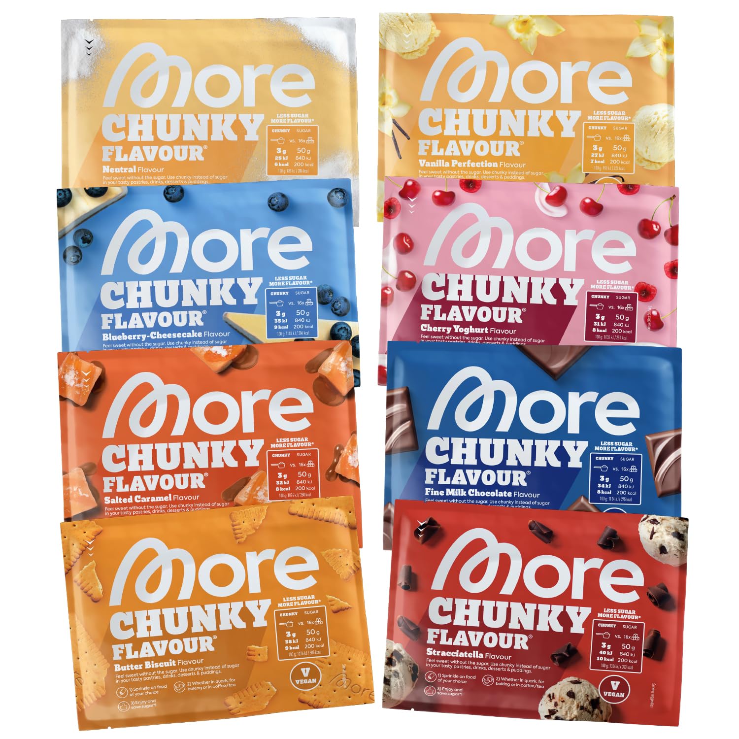 MORE Chunky Flavour, Vanilla Perfection, 150 g, vegan, Geschmackspulver zum Süßen, ohne viel Zucker und Kalorien, mit Inulin und Laktase - made in Germany