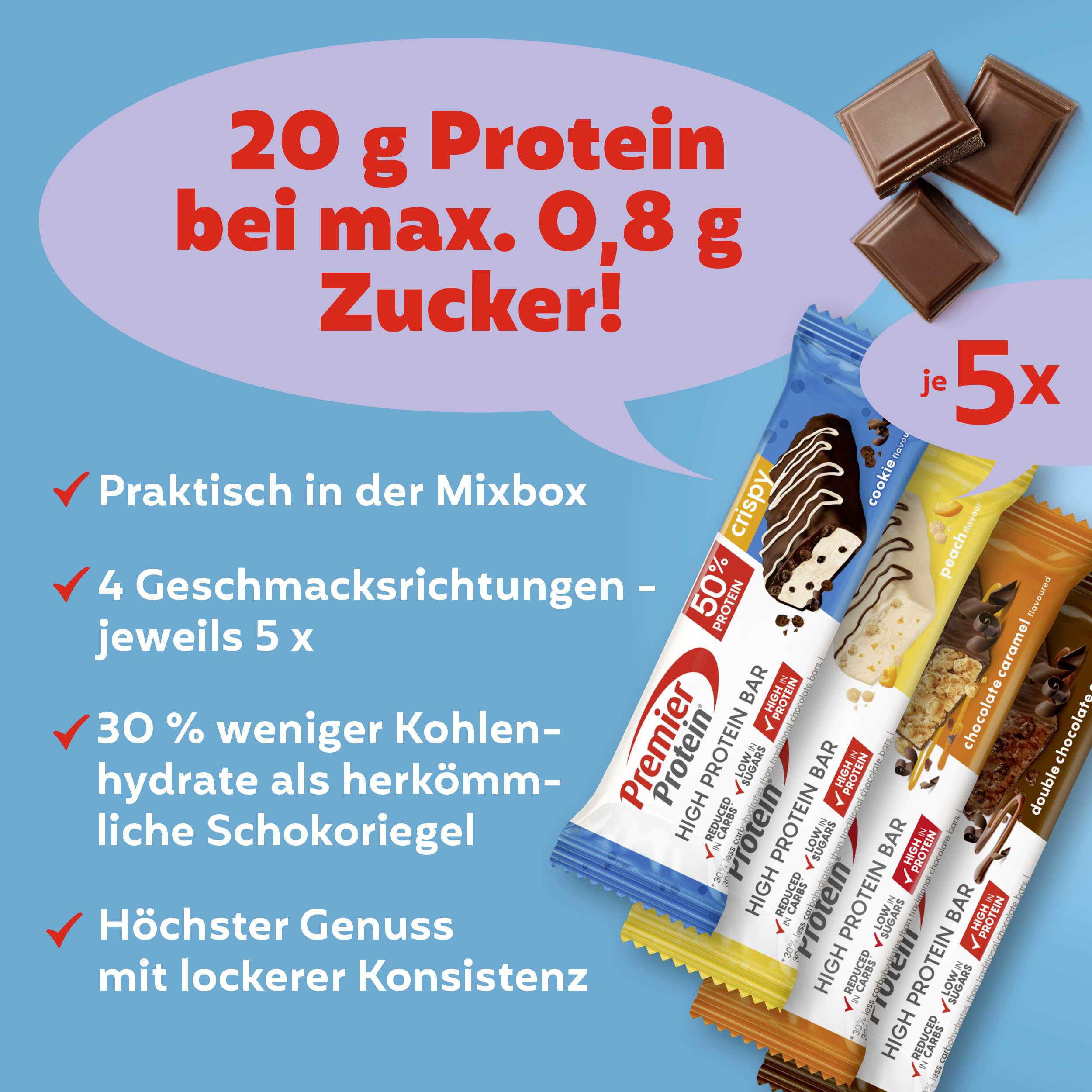 Premier Protein - High Protein Bar 50% - Double Chocolate Cookie - 16x40g - Zuckerarm - Kohlenhydratarm - palmölfrei
