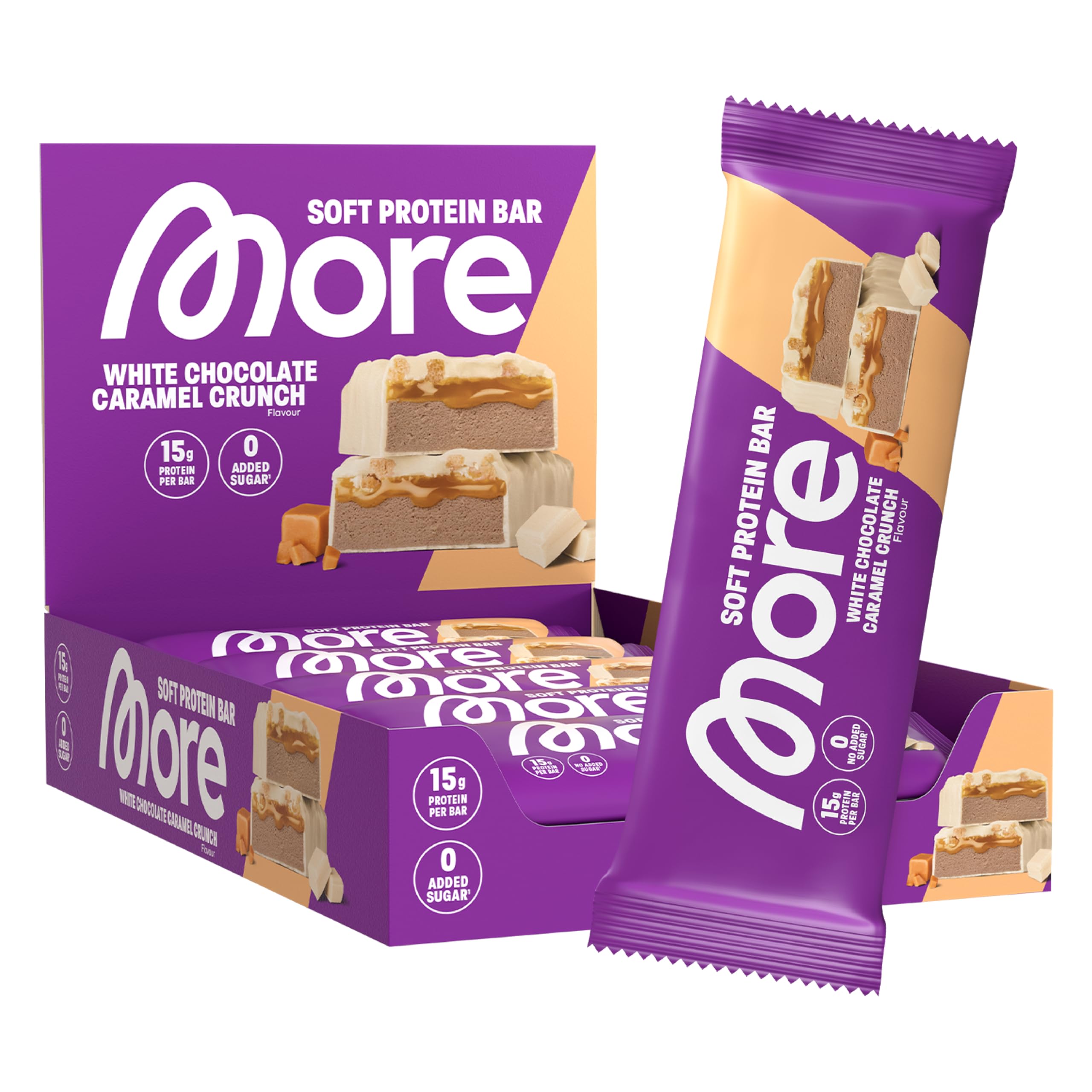 MORE Protein Bar, 10er Box, White Chocolate Peanut Caramel, Protein Riegel ohne Zuckerzusatz (Design kann variieren)