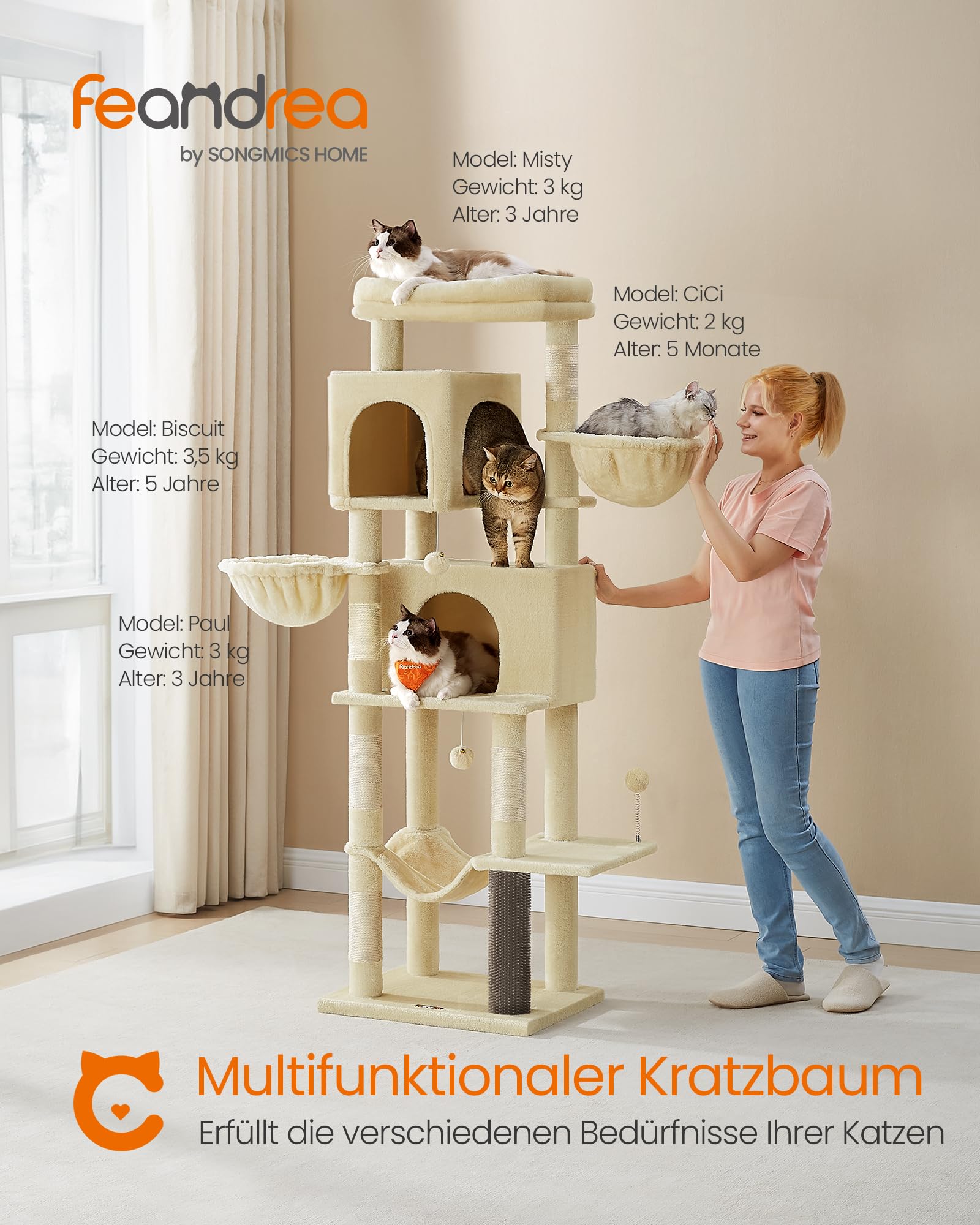 Feandrea Kratzbaum, 175 cm hoch, XL, mehrstöckiger Katzenbaum mit 2 Höhlen, 2 Liegemulden, 5 Kratzsäulen, Katzenbürste, große Plattform, Taubengrau PCT182G01