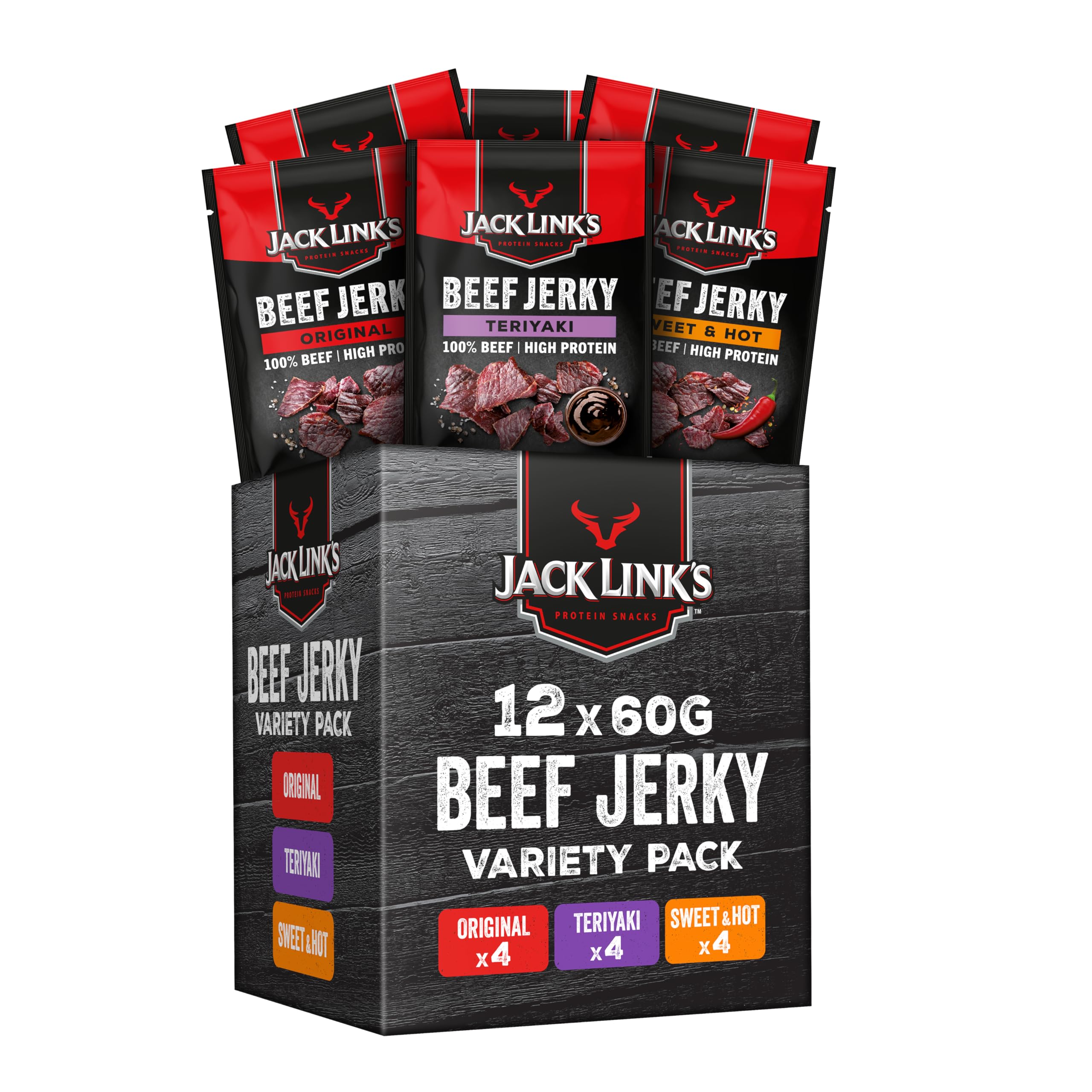 Jack Links Beef Jerky Original – 12er Pack (12 x 25g) – Trockenfleisch Eiweiß Snacks - High Protein Snack für Gym, Fitness, Outdoor - American Food für Menschen - Dörrfleisch Chips aus Rind Fleisch