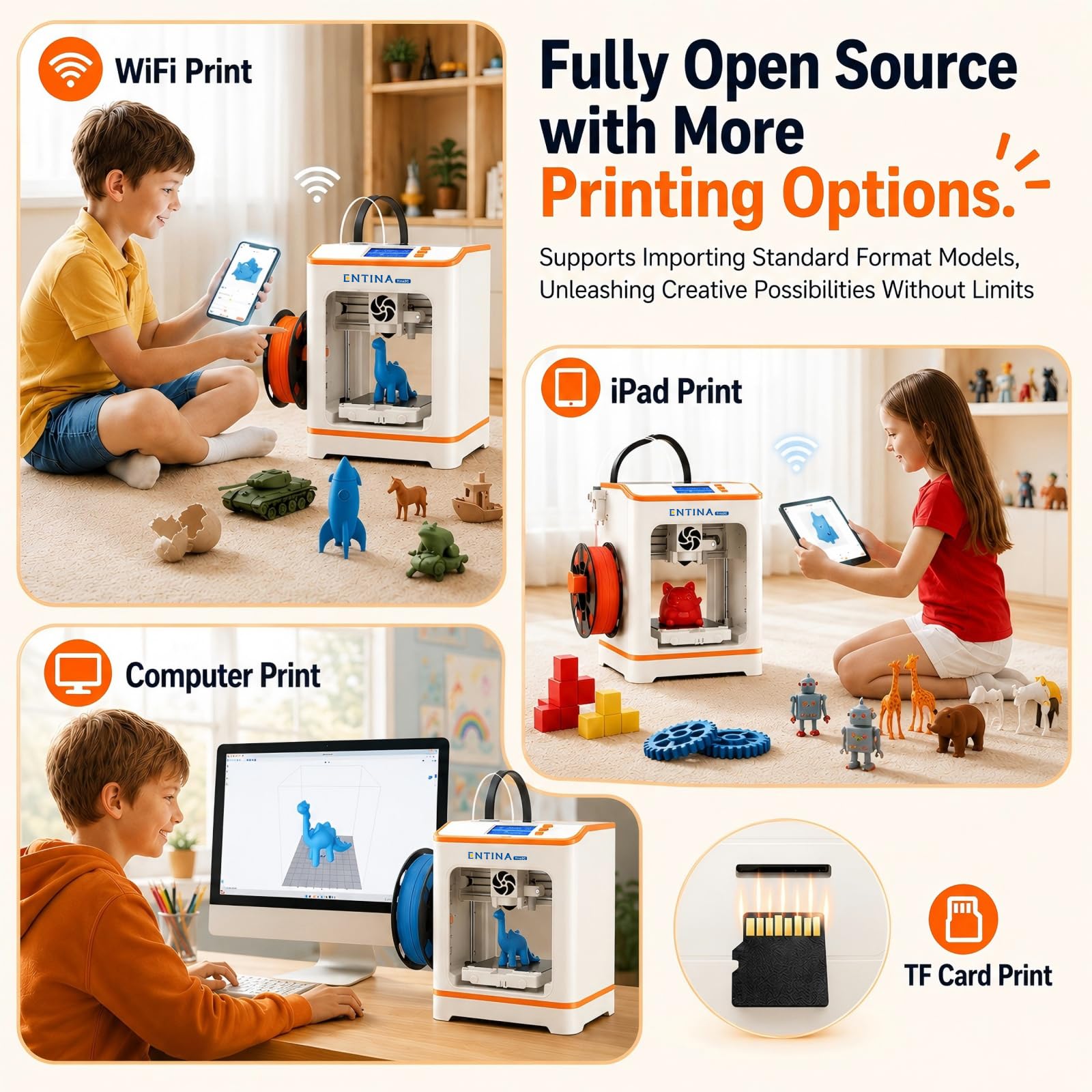 Entina Tina2C 3D Printer for Kids & Beginners, Fully Assembled Starter Mini 3D Printer, Start in 8 Mins, App & WiFi Control, Auto Leveling, 3000+ Model Library, 20+ Creative DIY Modules for STEM, Home