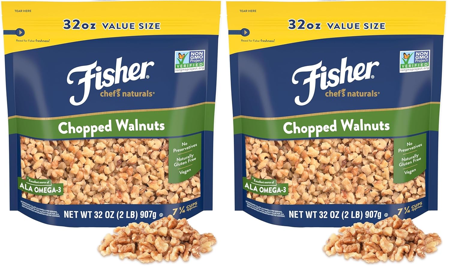 Fisher Chef's Naturals Walnut Halves & Pieces 2 lb, 100% California Unsalted Walnuts for Baking & Cooking, Healthy Snacks for Adults, Resealable Bag, Vegan Protein, Keto Snack, Chopped Nuts, Topping