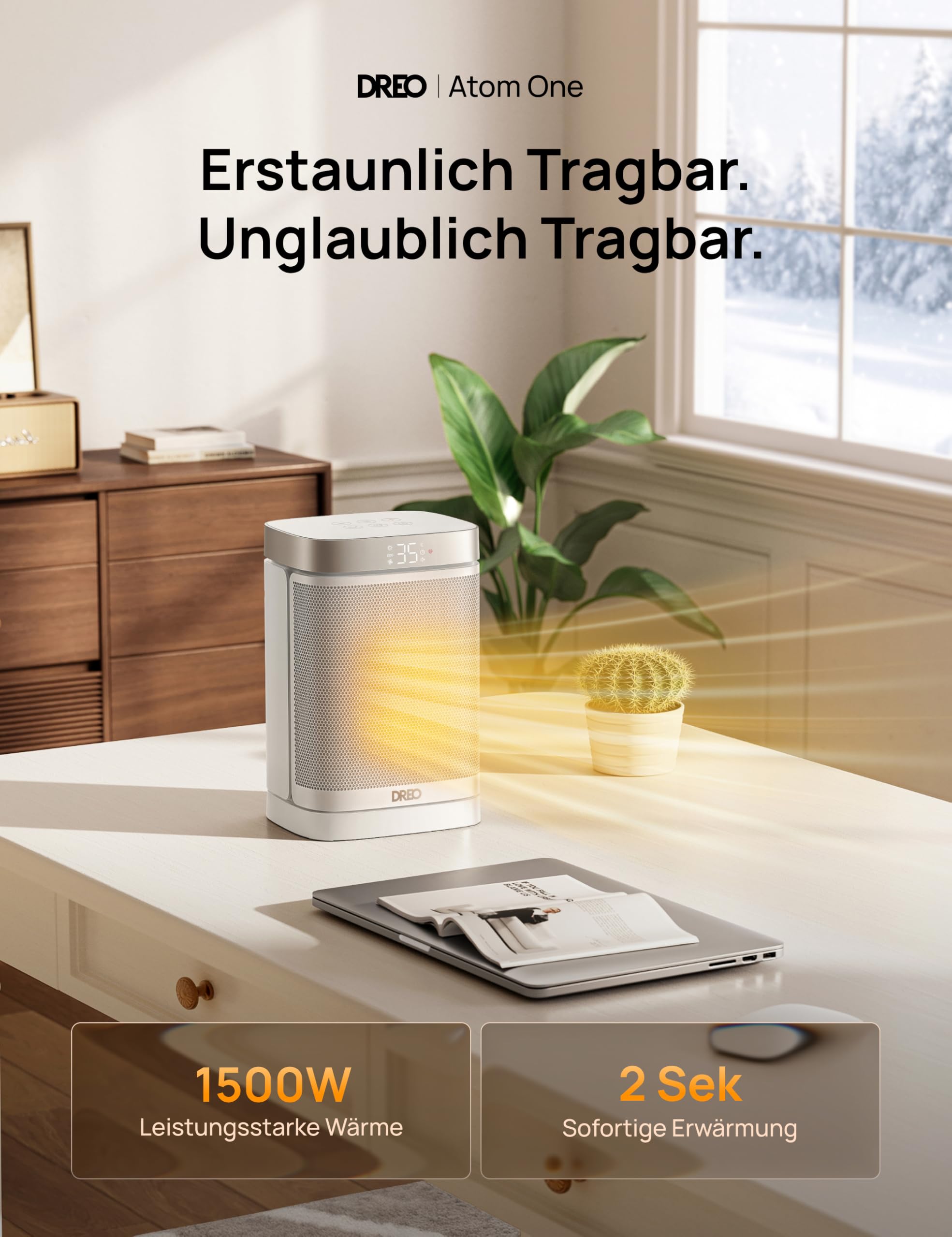 Dreo Heizlüfter Energiesparend Klein, 1500W Heizung Elektrisch mit Thermostat, 70° Oszillierend Elektroheizung, PTC Keramik Heizlüfter Leise, ECO-Modus, 12-Std-Timer, Überhitzungs- & Kippschutz