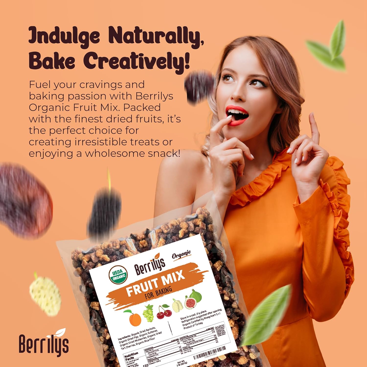 Berrily's Dried Fruit Mix, 2 Lbs, Organic, Diced Figs, Diced Apricots, White Mulberries, Sultanas, Sour Cherries, No Sugar Added, Trail Mix for Baking and Snacking