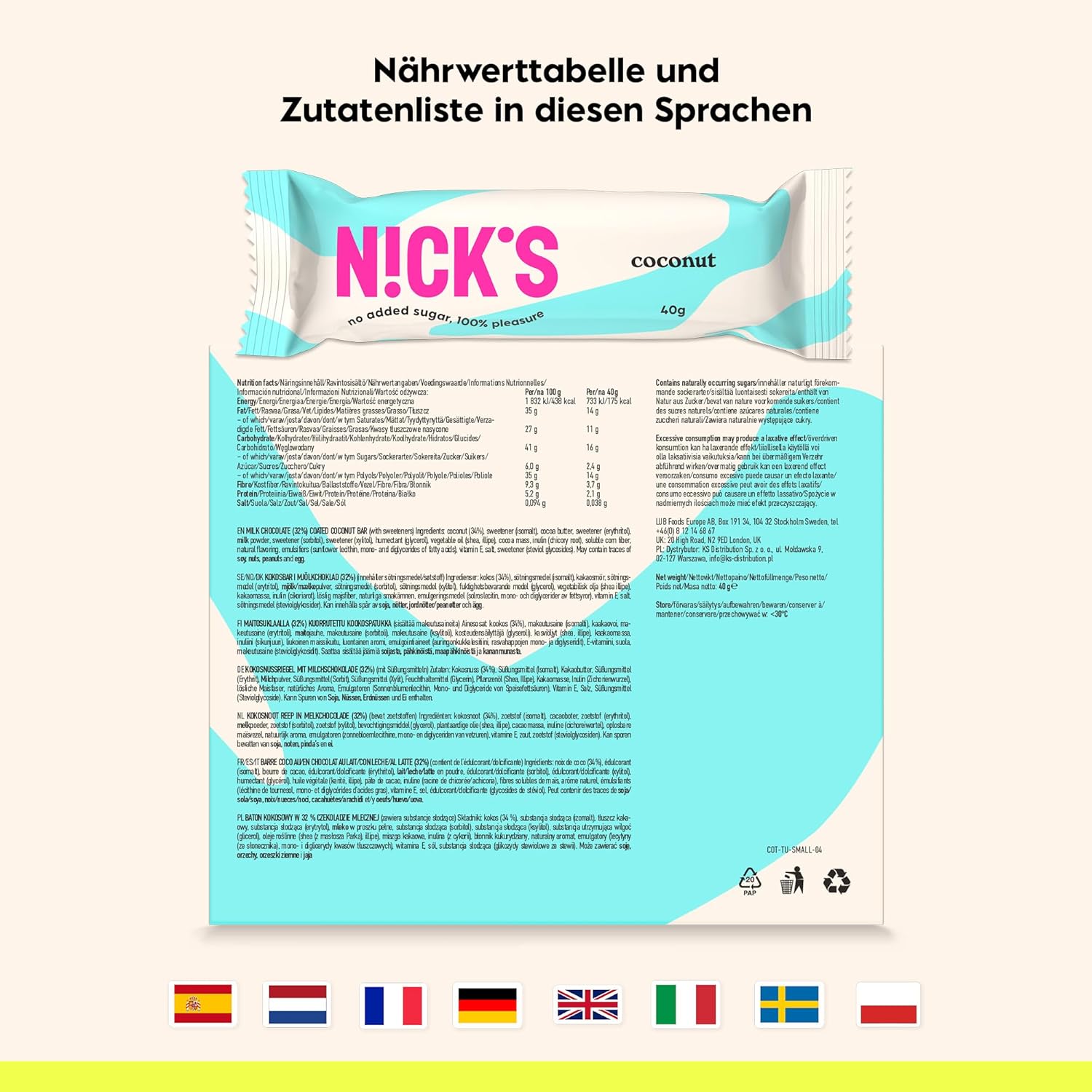 NICKS Keto Riegel Coconut, Schokolade Kokos Snacks, 175 Kalorien, 2 Net carbs, ohne Zuckerzusatz, Glutenfrei, Low carb Süssigkeiten (15x40g)