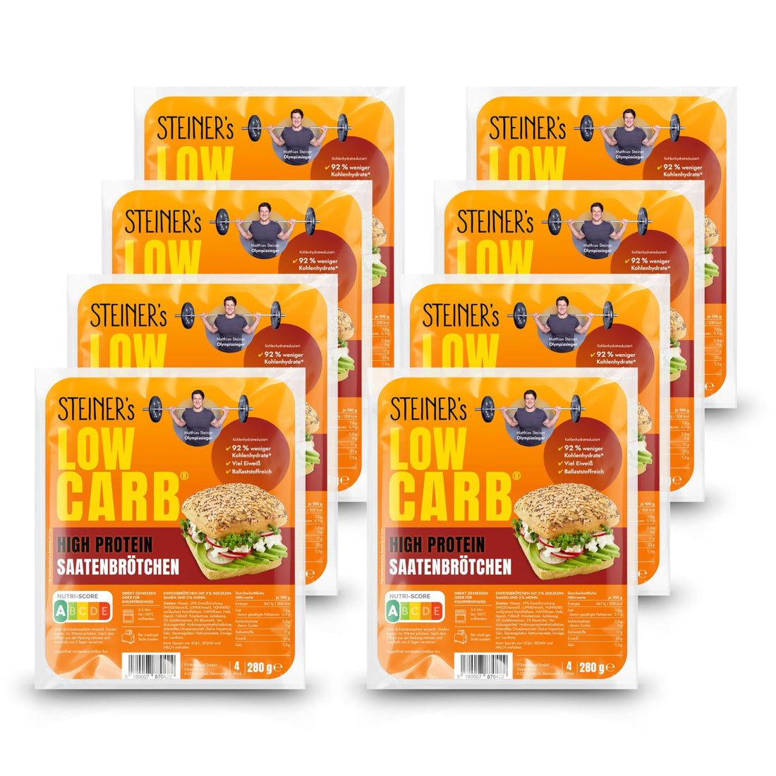 STEINER´s Low Carb High Protein Saatenbrötchen | 92% weniger Kohlenhydrate | high protein | nur 2,8g Kohlenhydrate | 23g Eiweiß (4er Pack, 16 Stk.)