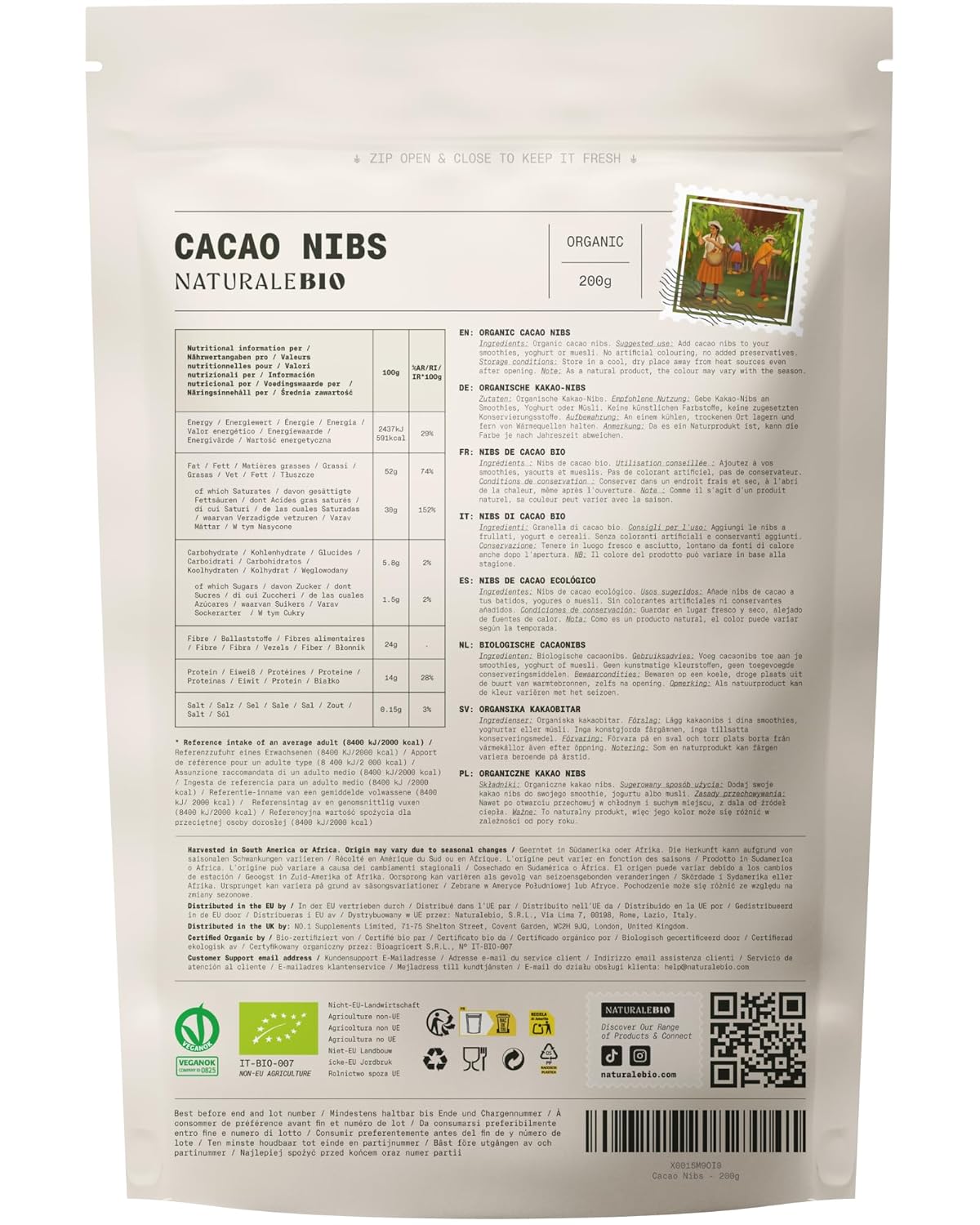 NaturaleBio Kakao Pulver Bio 1kg. Organic Cacao Pulver, Roh & Ungesüßt, Ideal für Getränke, Smoothies & Backen, Reich an Magnesium & Phosphor, Geprüft auf Schwermetalle