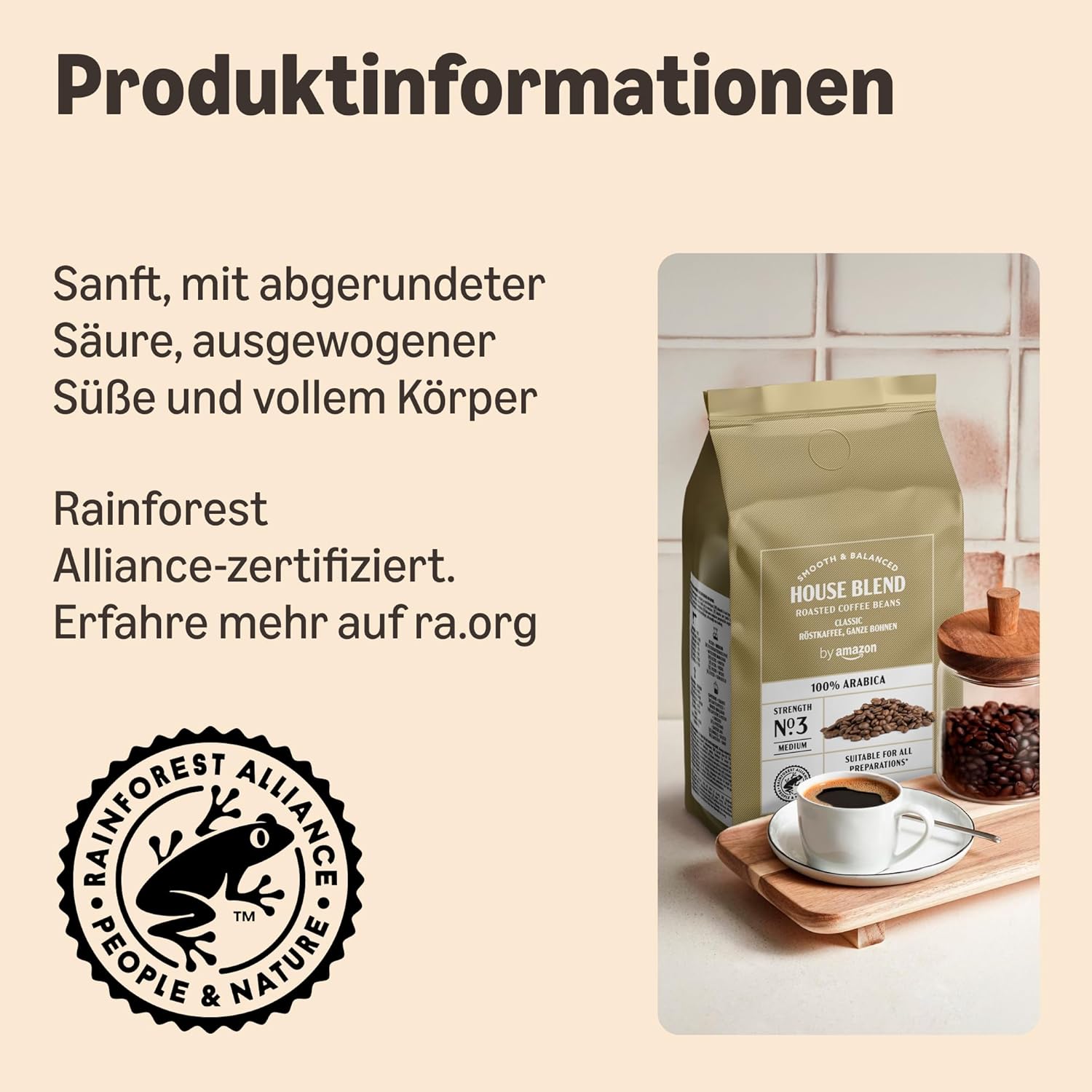 by Amazon House Blend Kaffeebohnen, Mittelgeröstet, 1 kg, Rainforest Alliance Zertifiziert