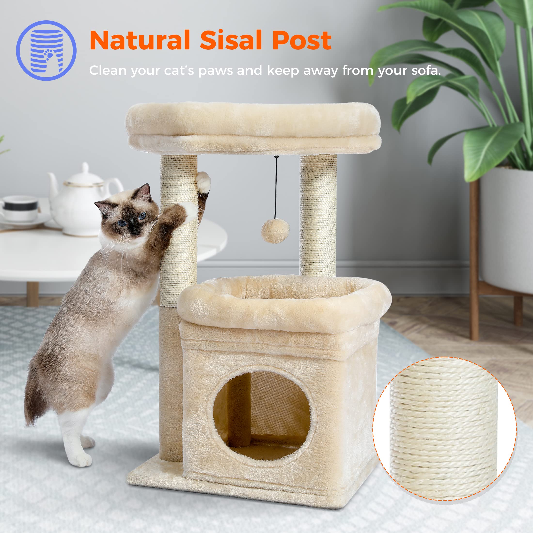 PAWZ Road Kleiner Katzenbaum, mehrstöckiger Katzenturm mit Sisal-überzogenem Kratzbaum, gemütlicher Katzenwohnung und großer Katzensitzstange für Hauskatzen, Beige