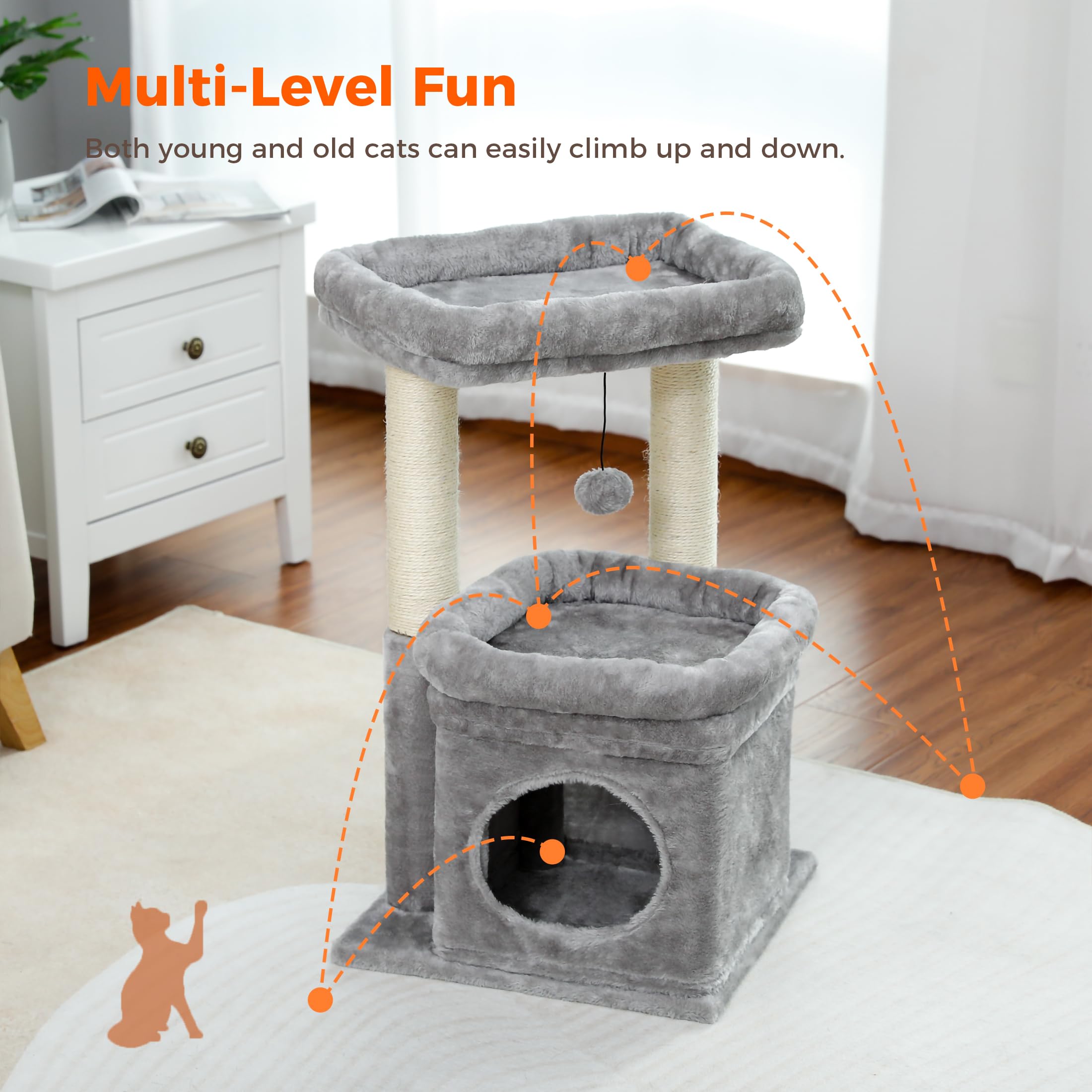 PAWZ Road Kleiner Katzenbaum, mehrstöckiger Katzenturm mit Sisal-überzogenem Kratzbaum, gemütlicher Katzenwohnung und großer Katzensitzstange für Hauskatzen, Beige