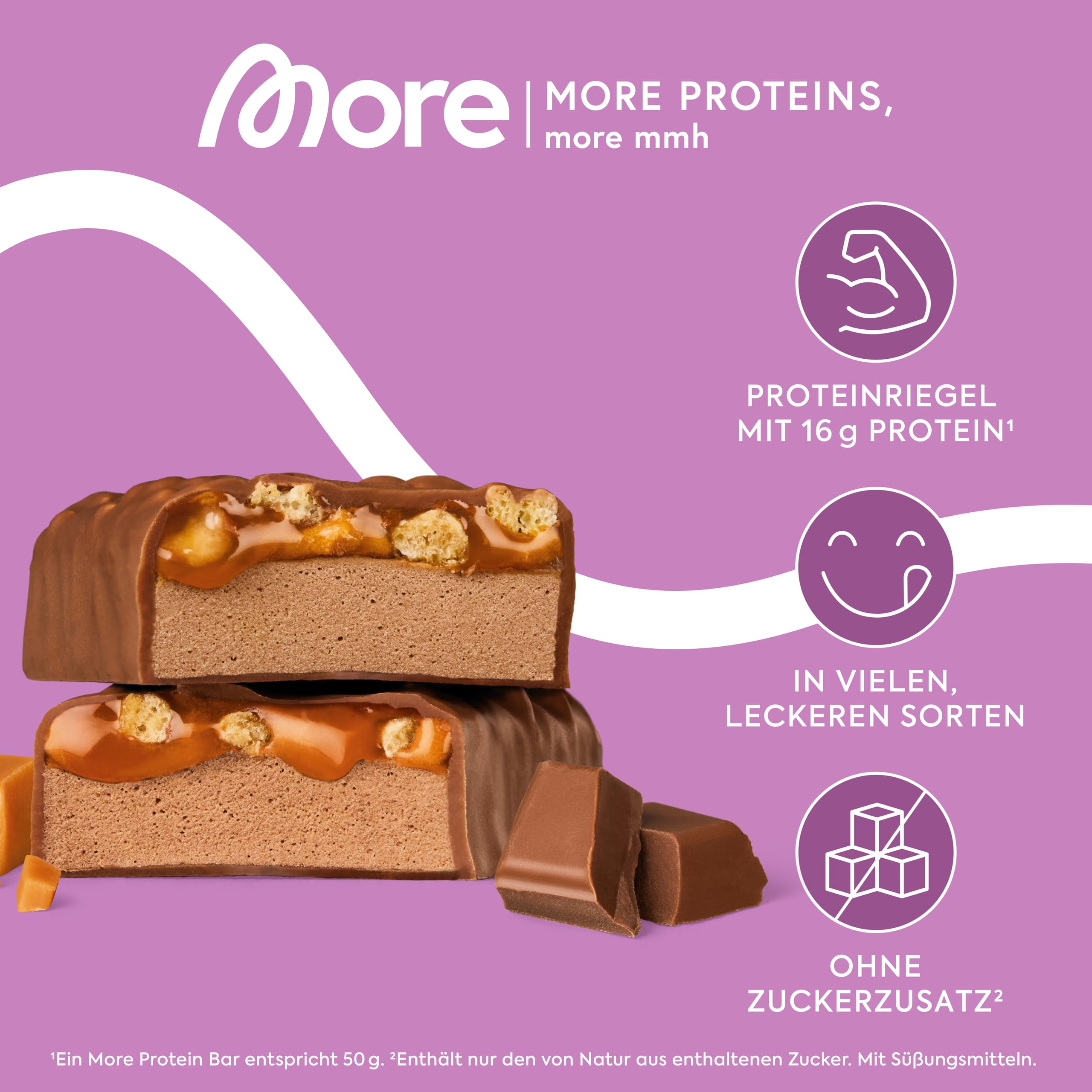 MORE Protein Bar, 10er Box, White Chocolate Peanut Caramel, Protein Riegel ohne Zuckerzusatz (Design kann variieren)