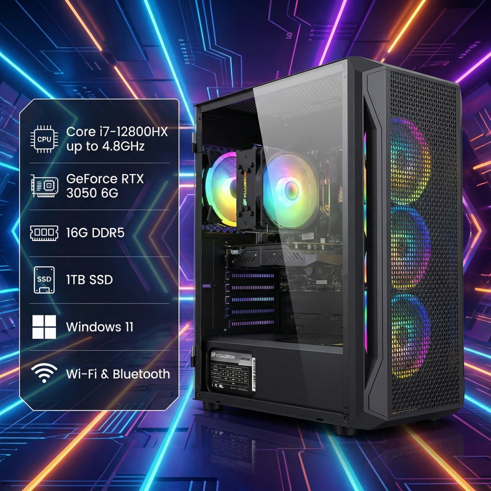 STGAubron Gaming PC Desktop Computer, Intel Core i7 up to 3.9GHz, Radeon RX 580 8G, 16G RAM, 512G SSD, WiFi 6, BT 5.0, RGB Fan x4, Windows 11 Home