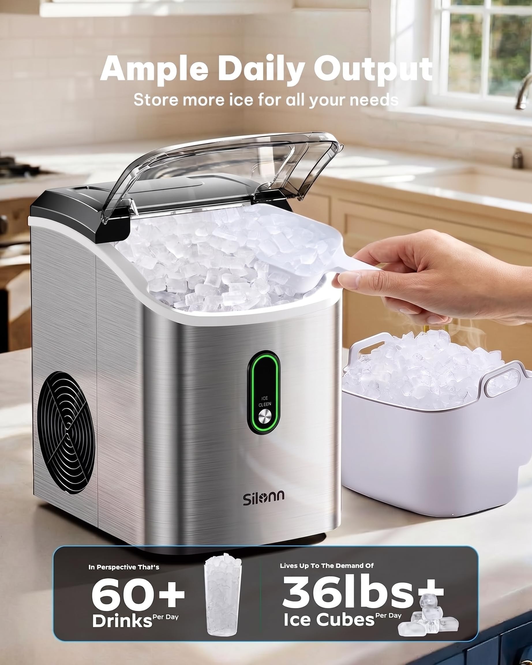 Nugget Ice Maker Countertop, Silonn Chewable Pellet Ice Machine with Self-Cleanin Function, 36lbs/24H Portable Ice Makers for Home Kitchen Officce, Black