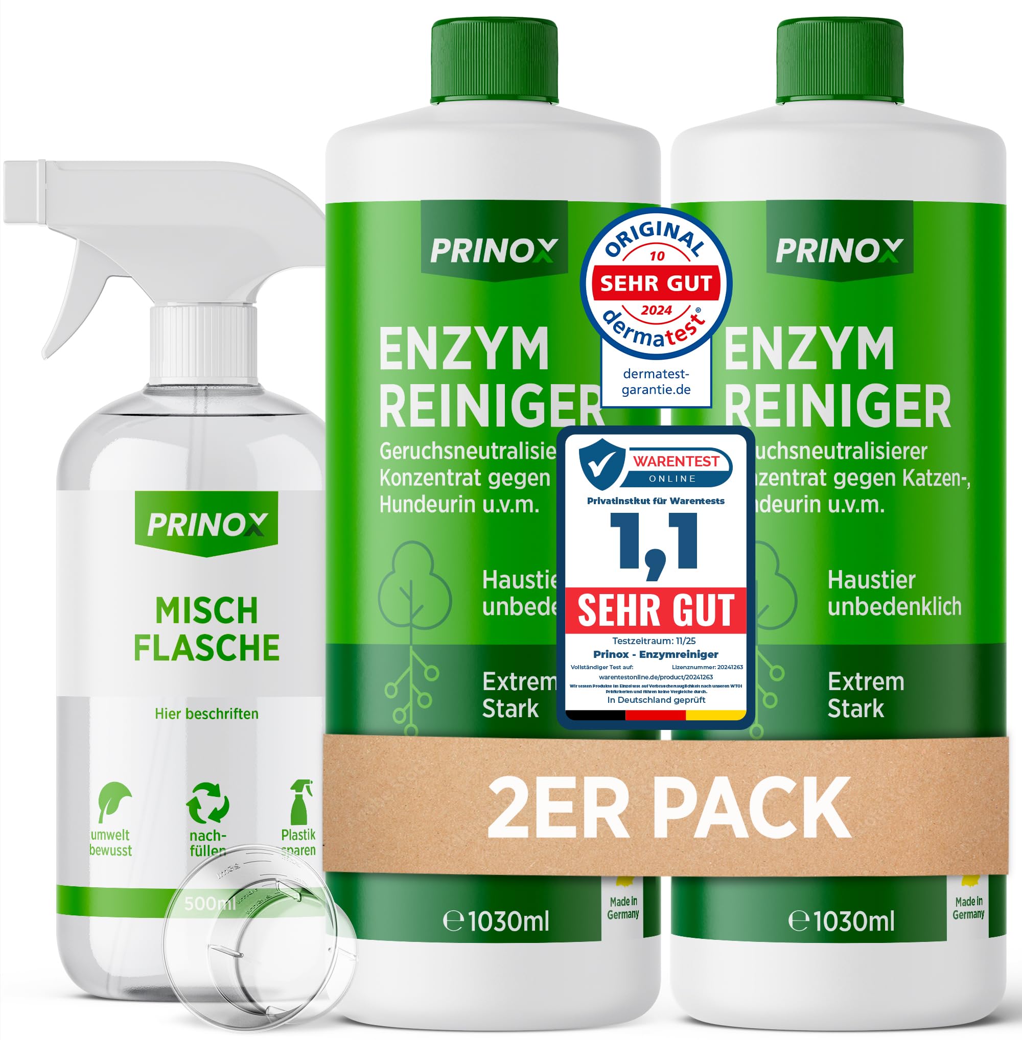 Enzymreiniger Konzentrat 1030ml XXL SET inkl. Mischflasche - STARKER GERUCHSENTFERNER - Ergibt bis zu 40L Geruchsneutralisierer - Beseitigt Hundeurin, Katzenurin Geruch tiefgreifend uvm. I Made in DE