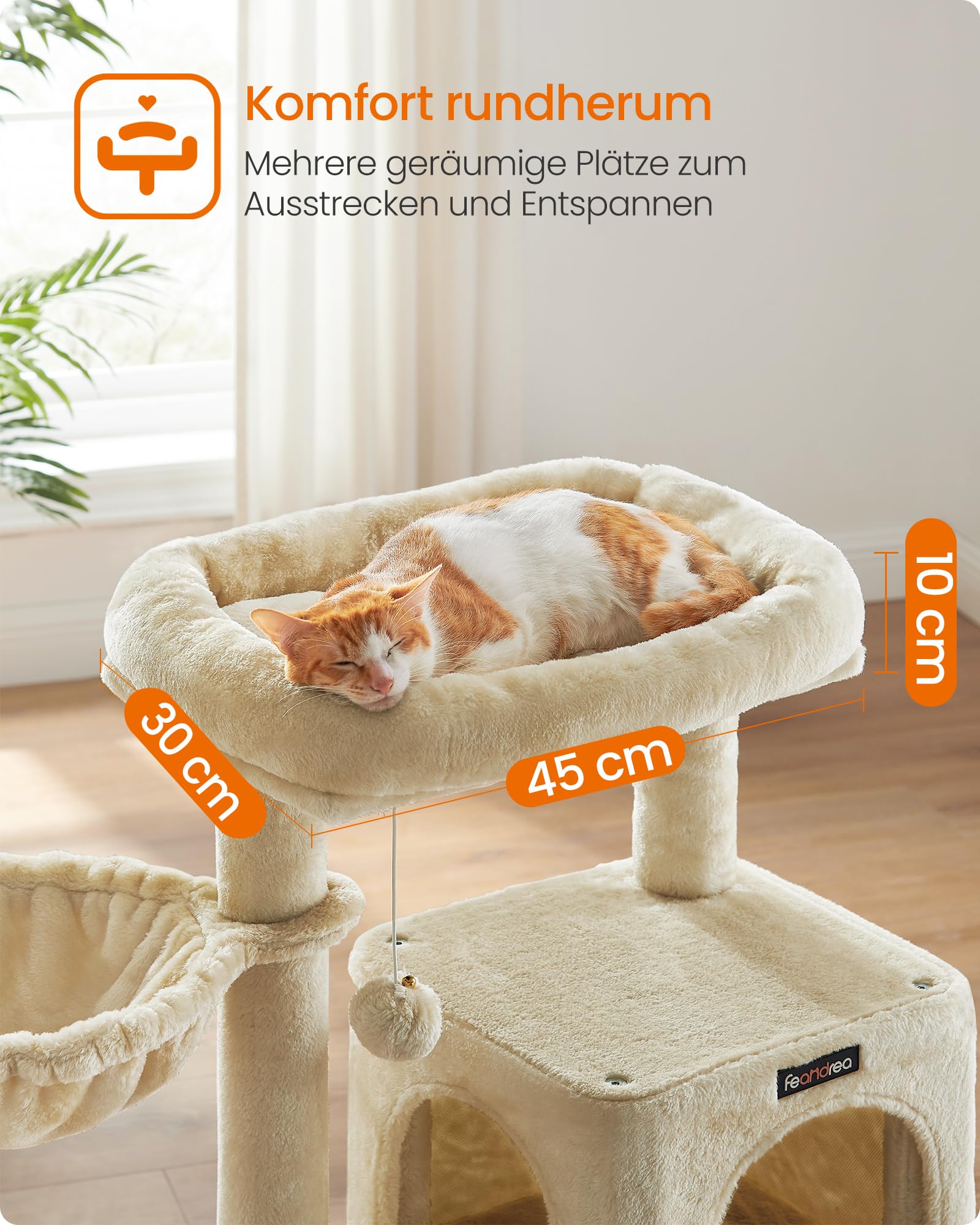 Feandrea Kratzbaum, 96 cm hoch, Katzenbaum mit großer Plattform, Katzenkratzbaum mit Katzenhöhle, Hängematte, Kratzrampe, Plüschball, weicher Plüsch, hellgrau PCT51W