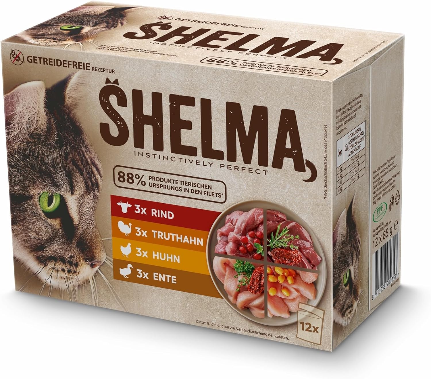 Shelma Katzen-Nassfutter Fleisch Megapack mit den Sorten Rind, Truthahn, Huhn und Ente – Getreidefreies Alleinfuttermittel mit hohem Fleischanteil – 40 x 85 g (3,4 kg)