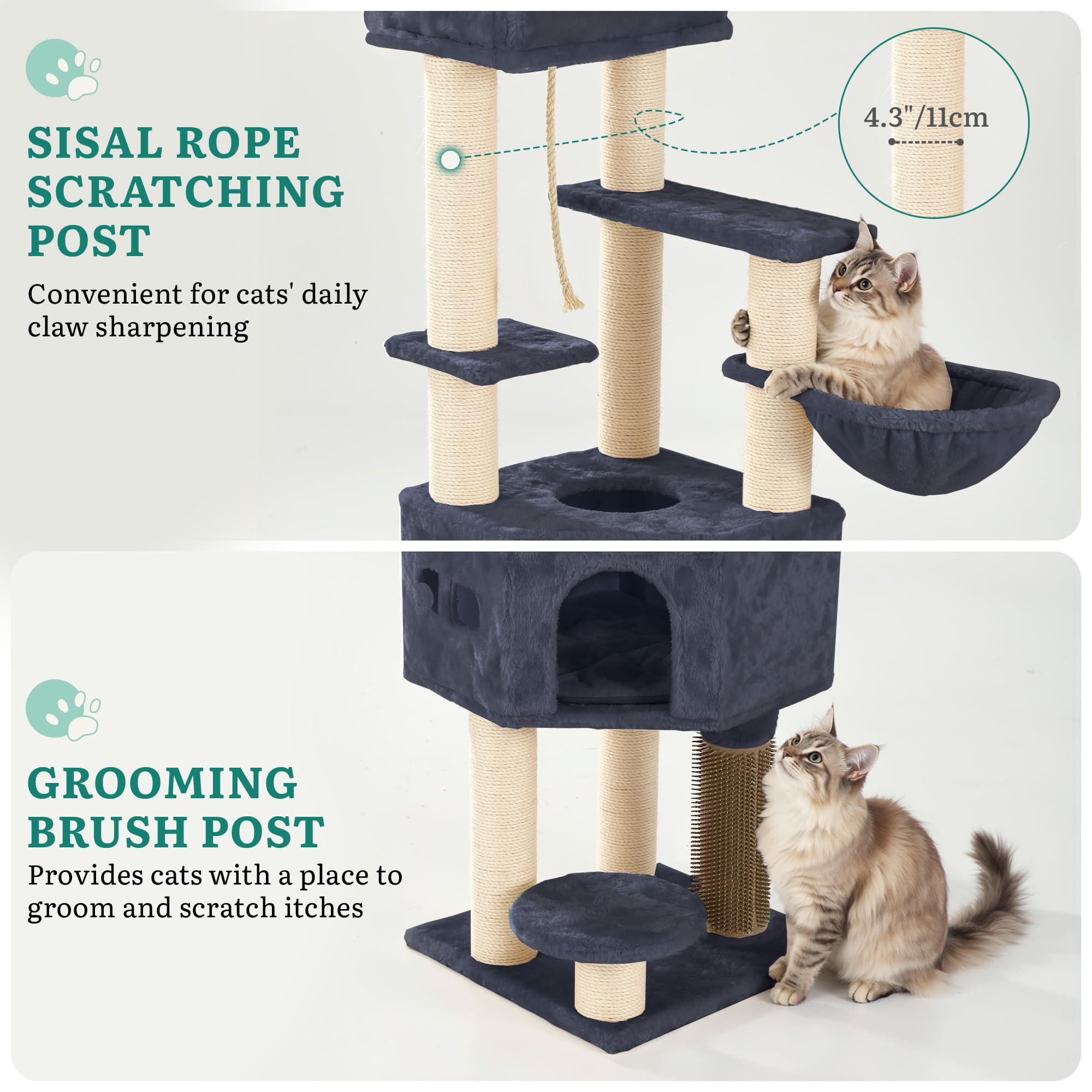 YITAHOME Kratzbaum, Katzenkratzbaum, für Große Katze, Katzenbaum, Katzenbürsten, 11 cm Dicke Stämme, Große Plattformen, Plüschkissen, Höhle, 50 x 50 x 157 cm, Beige