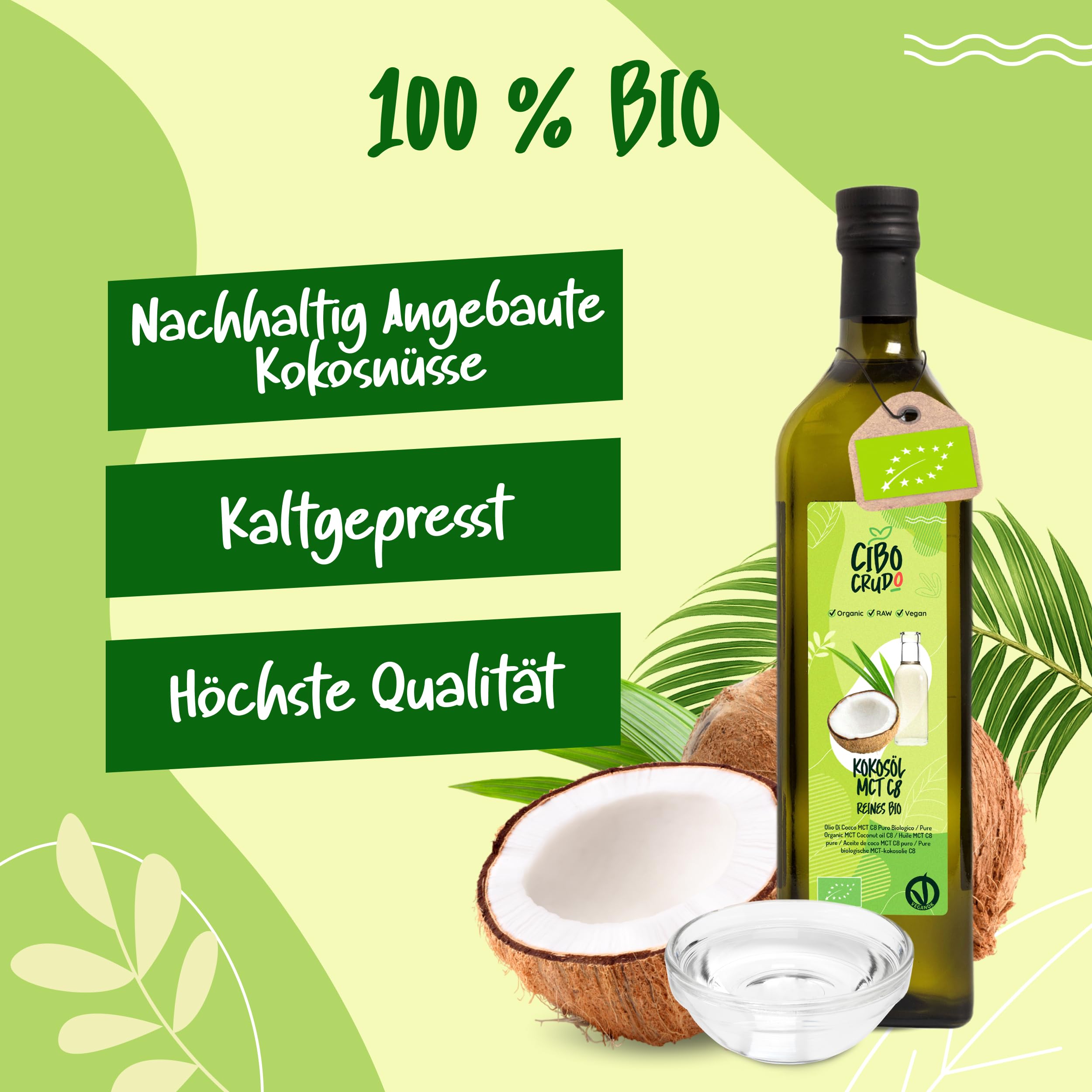 C8 MCT Öl Bio - 1 Lt. Biologische und Rein mct öl c8 für Keto Paleo oder zur Anwendung auf Körper und Haar. Veganes und Vegetarisches.