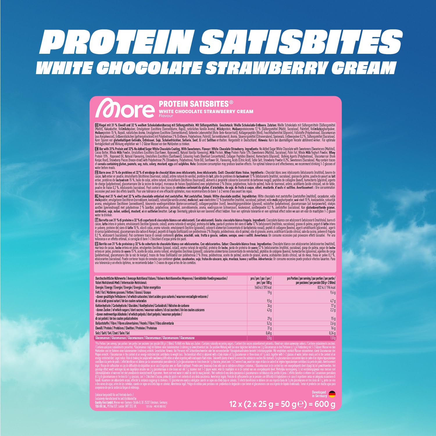 MORE Protein Satisbites, 12er Box Proteinriegel, 12 x 2 x 25 g, White Chocolate Strawberry Cream, bis zu 16 g Protein pro Portion, ohne Zuckerzusatz, made in Germany