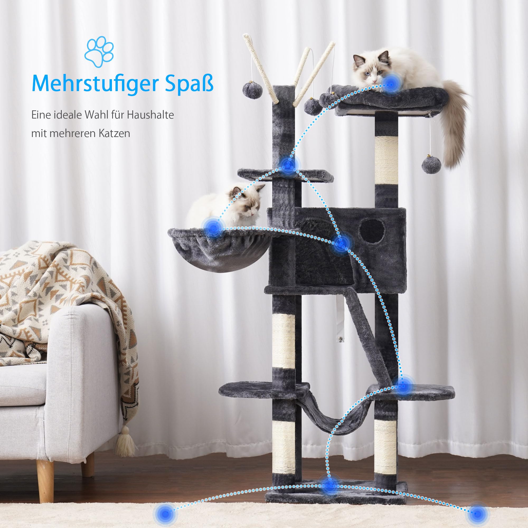 Hey-Brother Kratzbaum, 135 cm Indoor Katzenbaum, Mit gepolsterter Plattform Bett, Spielzeug Ball, Höhlen, Hängematte und Sisal Kratzbaum Katzenhaus, Hellgrau MPJ019-SW