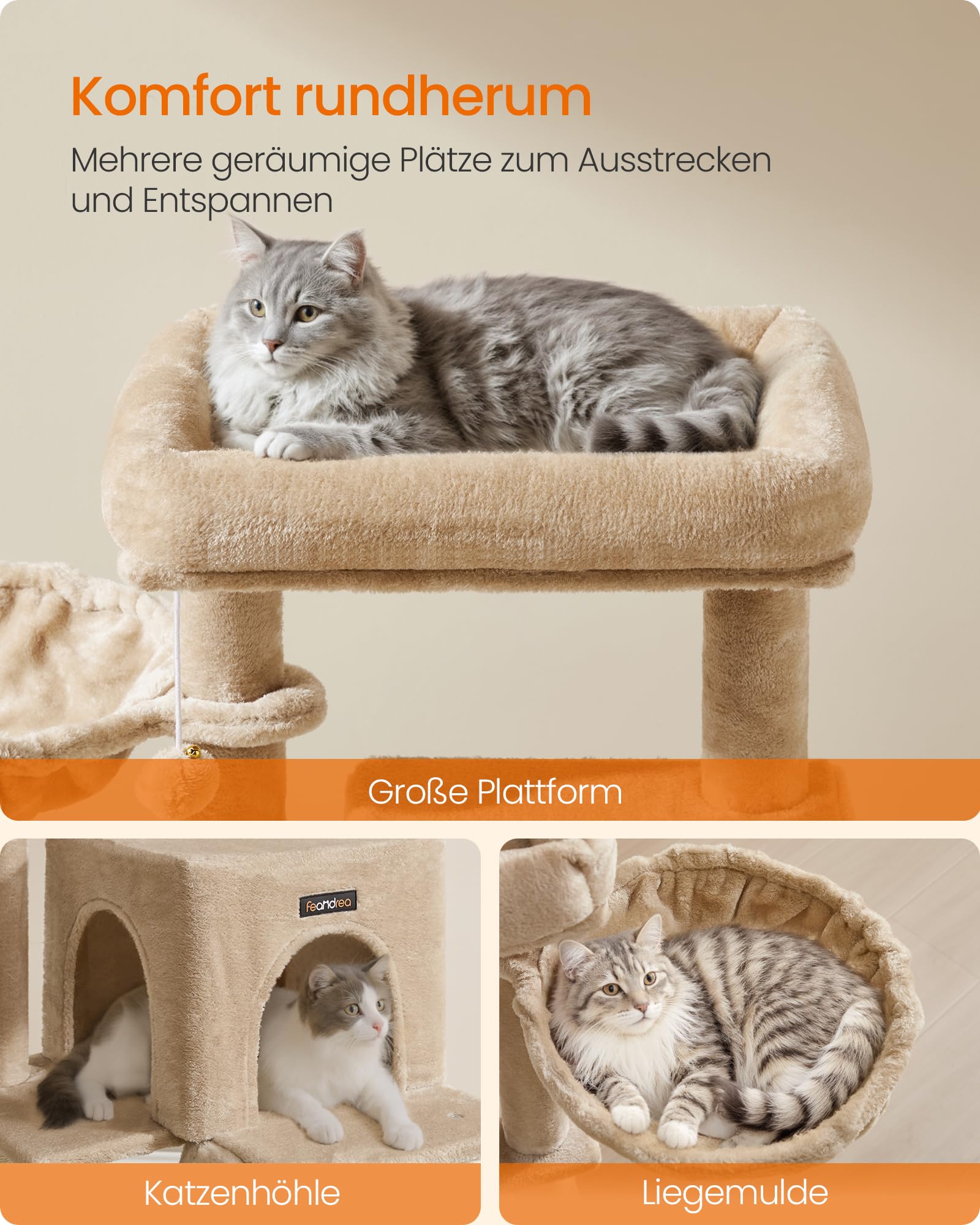 Feandrea Kratzbaum, 96 cm hoch, Katzenbaum mit großer Plattform, Katzenkratzbaum mit Katzenhöhle, Hängematte, Kratzrampe, Plüschball, weicher Plüsch, hellgrau PCT51W