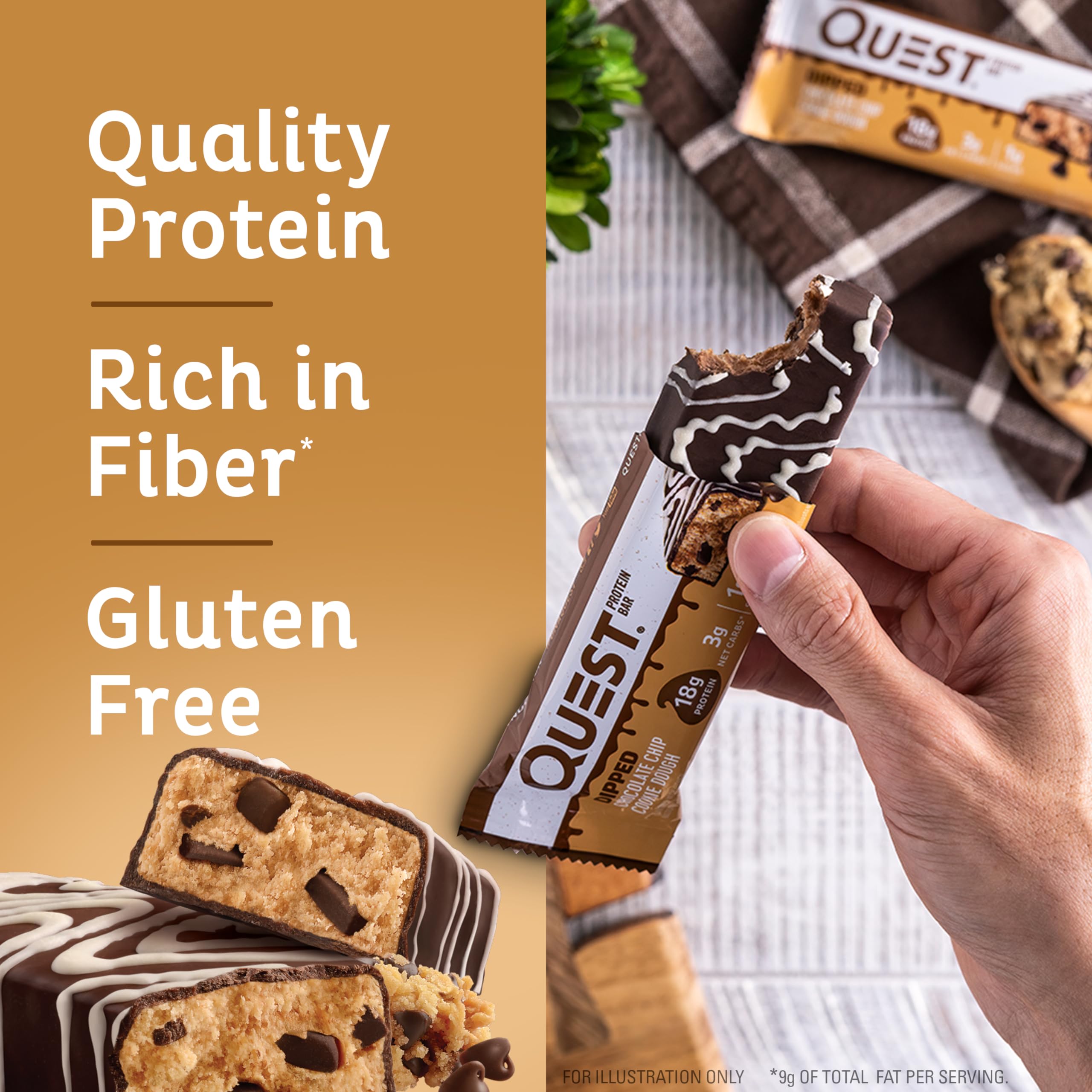 Quest Nutrition Chocolate Chip Dough Cookie Protein Bars, 21g Protein, 1g Sugar, 4g Net Carbs, High Fiber, Gluten Free, Keto-Friendly, 12 Count
