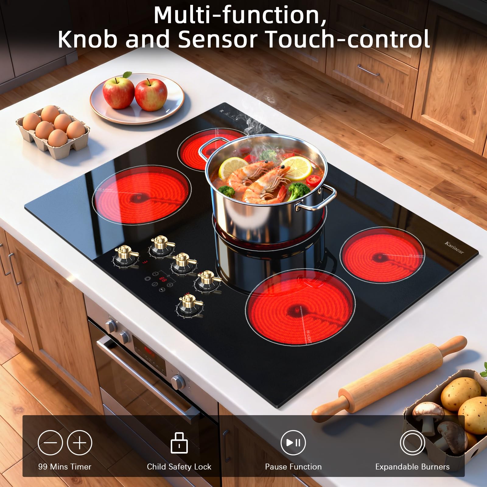 Karinear 30 Inch Electric Cooktop 4 Burners, Knob Control Built-in Ceramic Cooktop, 30" Radiant Electric Stove Top with Glass Protection Metal Frame,Fits Most Existing Cutouts, 220-240v, Hard Wire