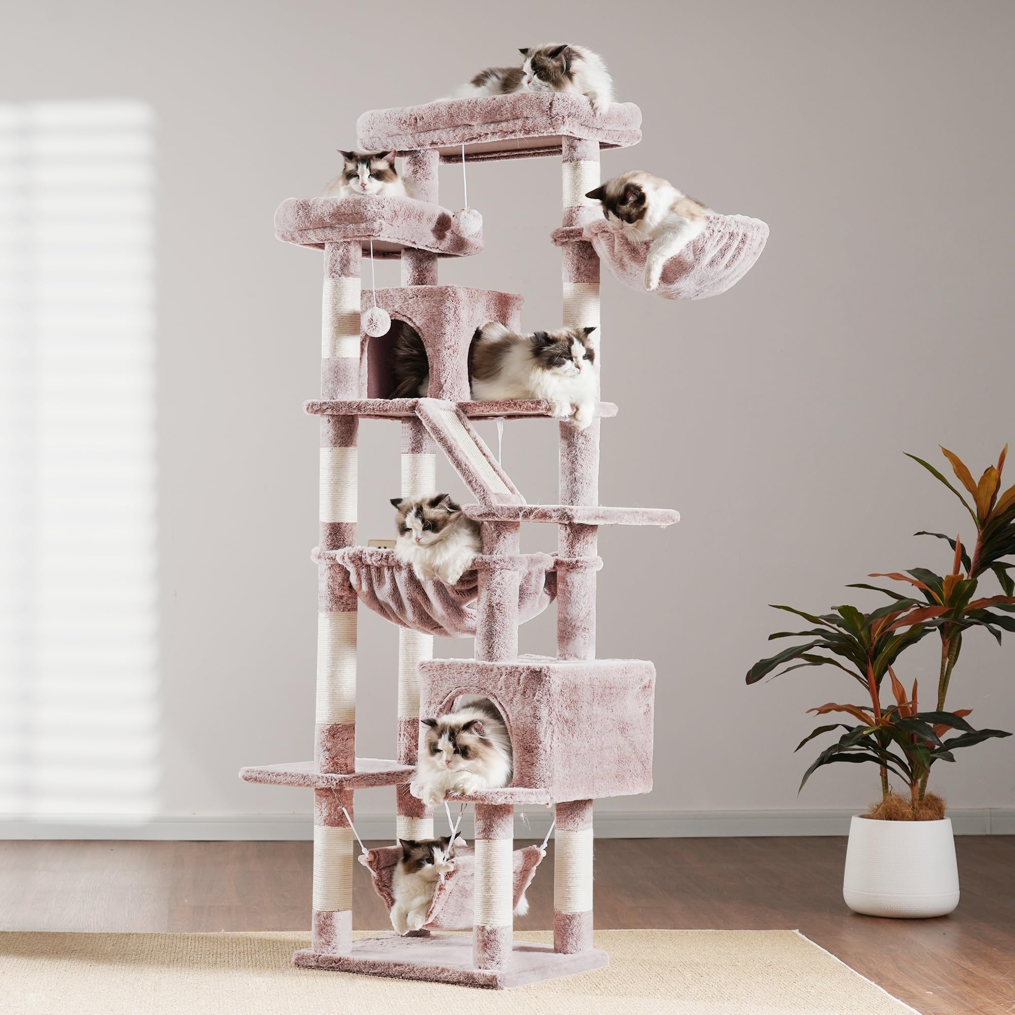 Heybly Kratzbaum, 180 cm Hoher Katzenturm für Wohnungskatzen mit 2 Plattformen, 2 Großen Schlafhäusern, 2 Hängematten, Korb und Kratzbrett, Großes Katzenmöbel mit Schlafplatz, Hellgrau HCT034W