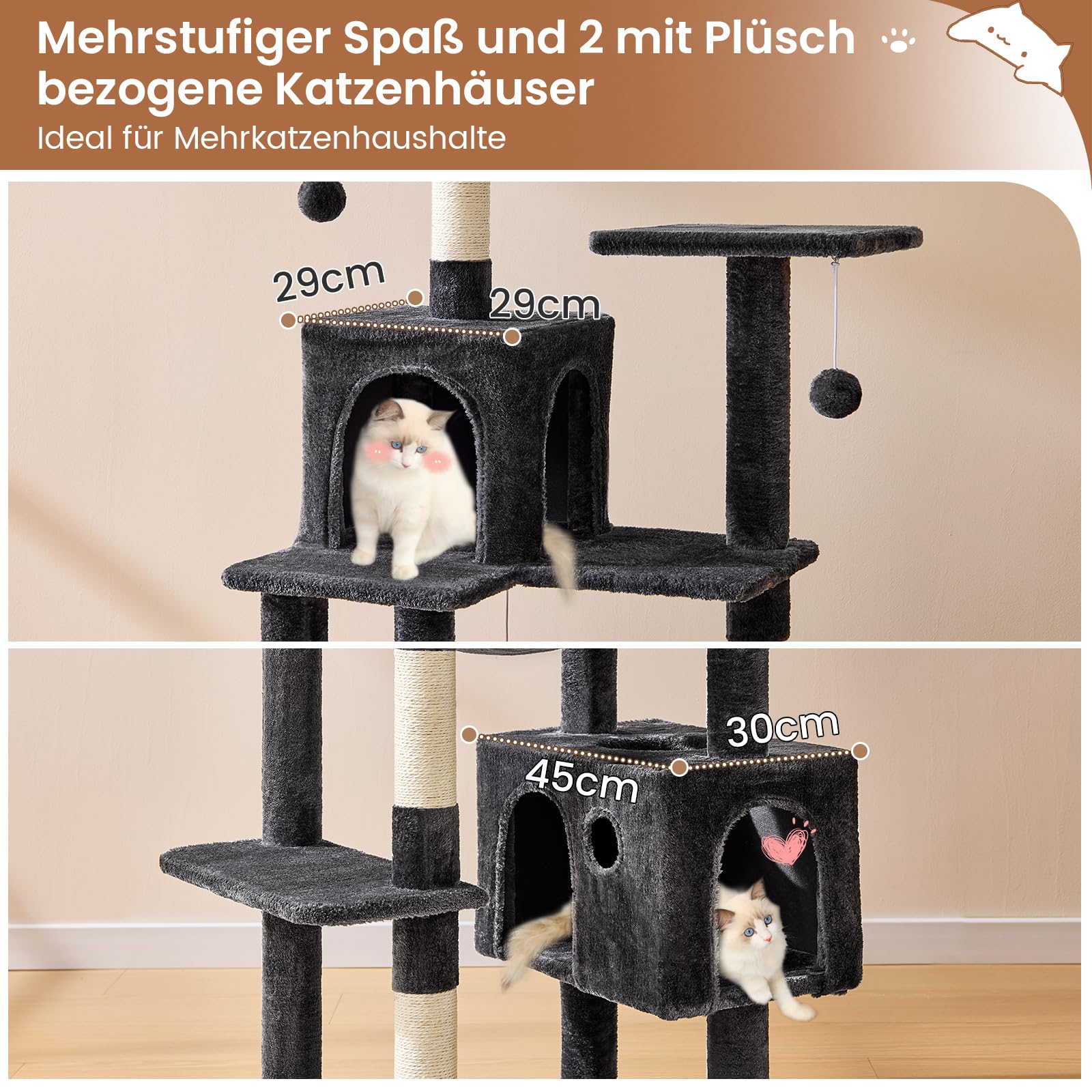MSmask Kratzbaum groß, L Katzenbaum Stabil, Katzenkratzbaum mit 2 Plattformen, 2 Katzenhöhlen, Hängematte, Sisalsäulen, mehrstöckiger Kletterbaum für Katzen (Hellgrau, 160 cm)