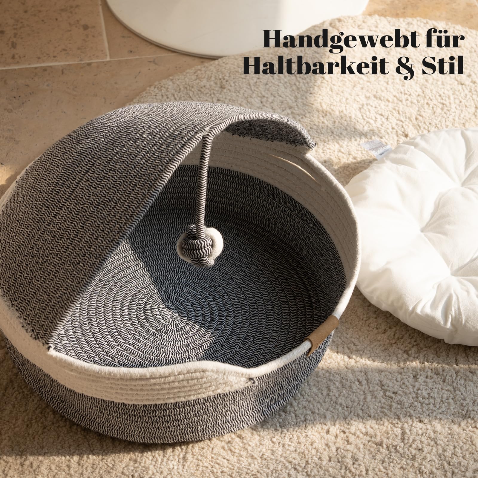 CheerPals Katzenbett mit Kissen, 47cm Waschbar Katzenkorb aus Baumwollseilen geflochten, zum Schlafen für Alle Katze, All Season Universal