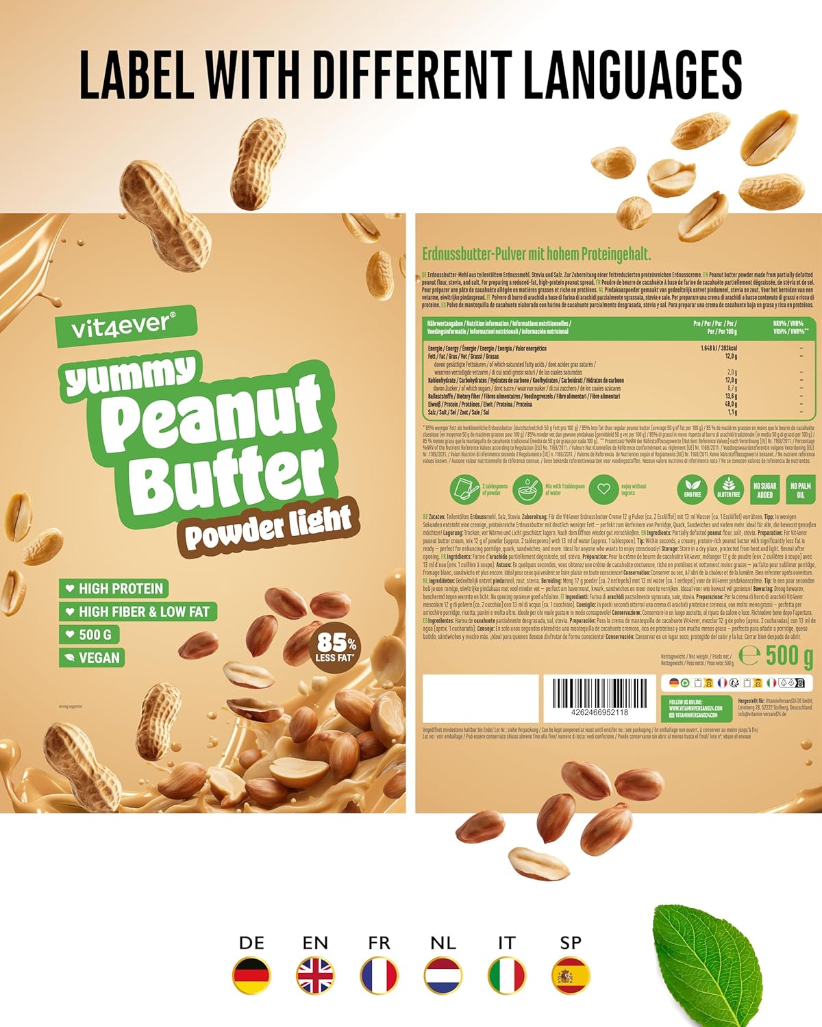 vit4ever Erdnussbutter light Pulver 500 g - Powdered Peanut Butter 85% weniger Fett, ohne Zucker - Peanutbutter Creme mit leckerem Geschmack