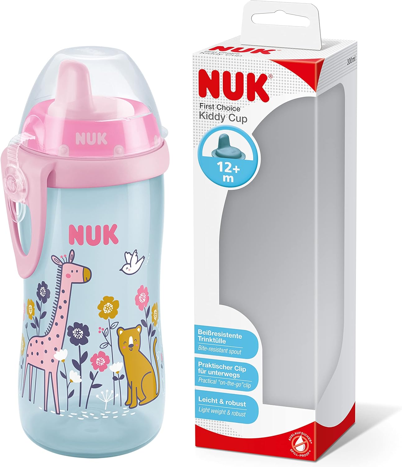NUK Kiddy Cup Night Trinkbecher für Kleinkinder | 12+ Monate | 300 ml | Auslaufsicheres, verstärktes Mundstück | Leuchtet im Dunkeln | Clip & Schutzkappe | BPA-frei | Blau